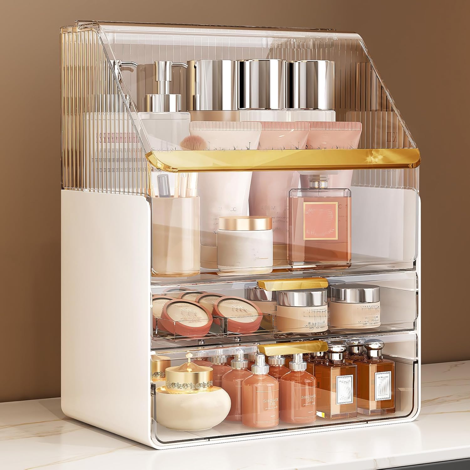 Kousee Organizer per trucchi, 3 strati, grande capacità, espositore per cosmetici con 2 cassetti, organizer per cosmetici per bancone del bagno, piano di lavoro per vanità, camera da letto, bianco