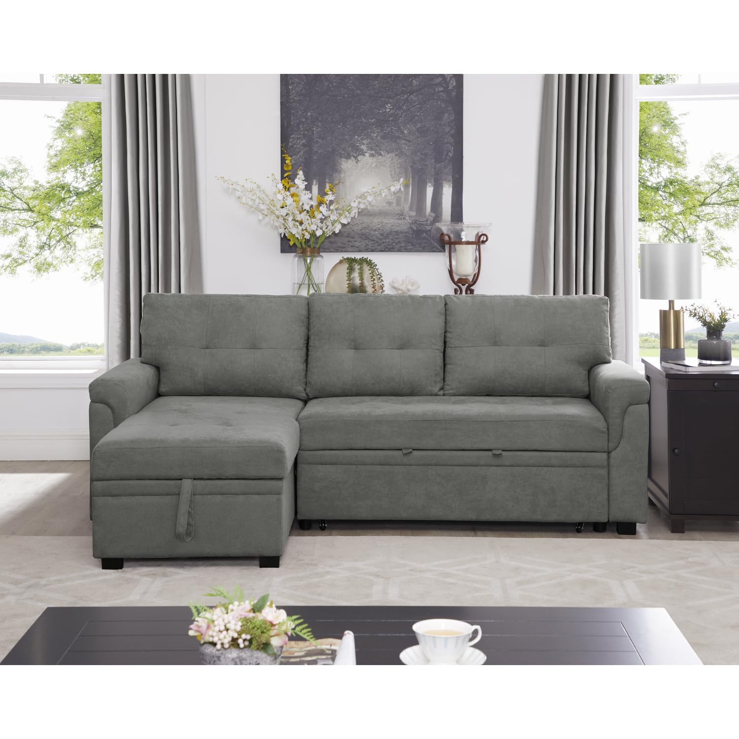 ( incomplete, only box 1 of 2 ) Naomi Home Jenny Sectional Sofa Sleeper with Storage Chaise, Tufted Pull Out Couch with Storage, Sectional Sofa Bed, L-Shaped Reversible Sleeper Sofa with Storage, Gray, Velvet