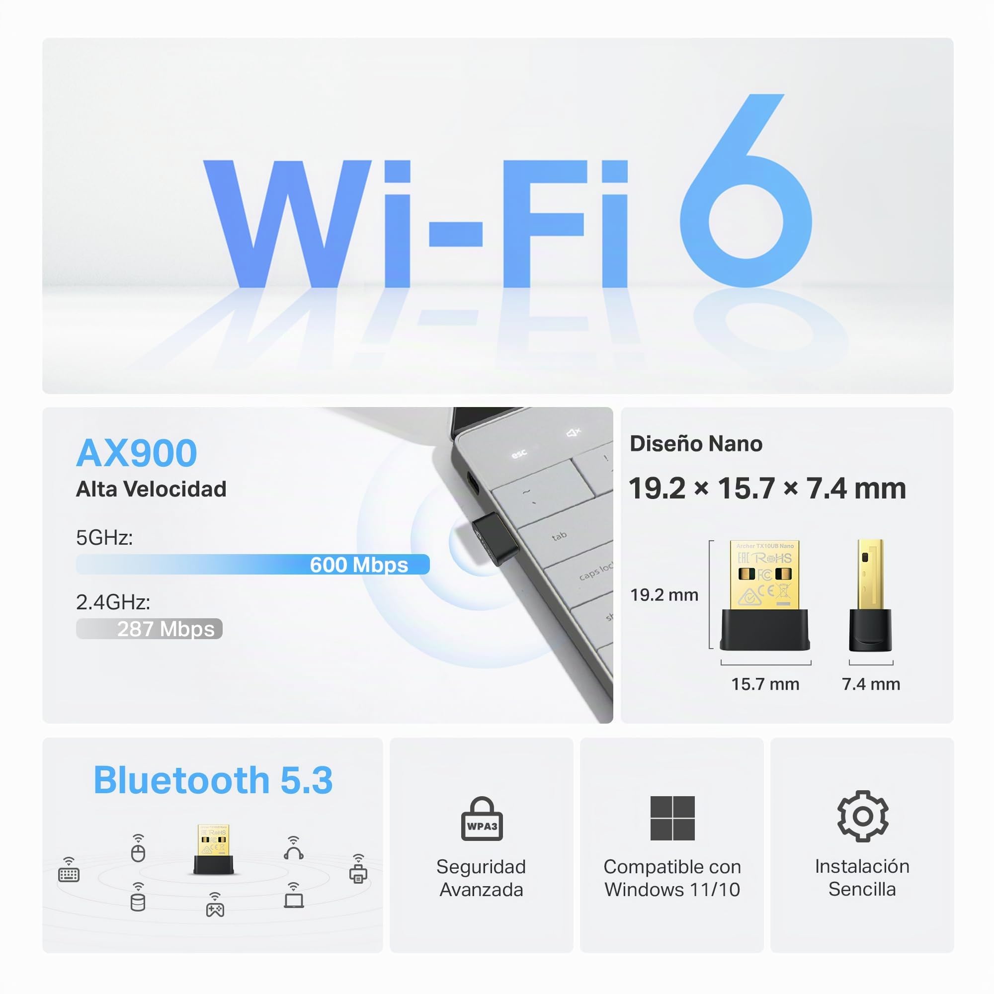 TP-Link Archer TX10UB Nano WiFi Bluetooth Adaptador PC, Wi-Fi 6 AX900 Dual Band WLAN Stick, Bluetooth 5.3, Nano tamaño, WPA3, MU-MIMO