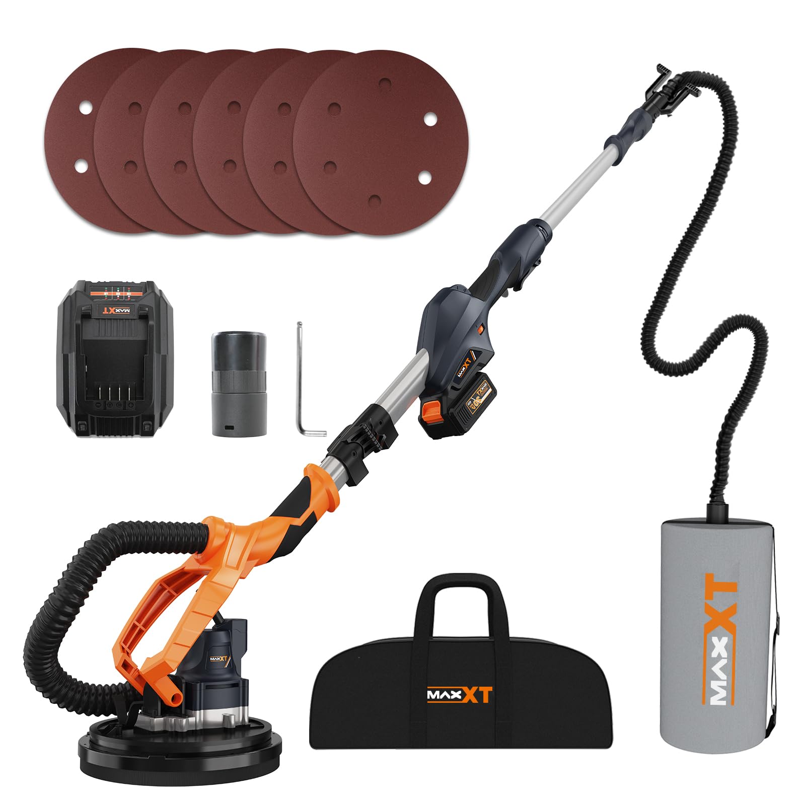 Levigatrice per muro MAXXT 20V senza spazzole: Velocità regolabile continua (600-1200 RPM), Pieghevole (estensibile 110-165 cm), Disco da 225 mm,Per pareti e soffitti, Sistema auto-aspirante