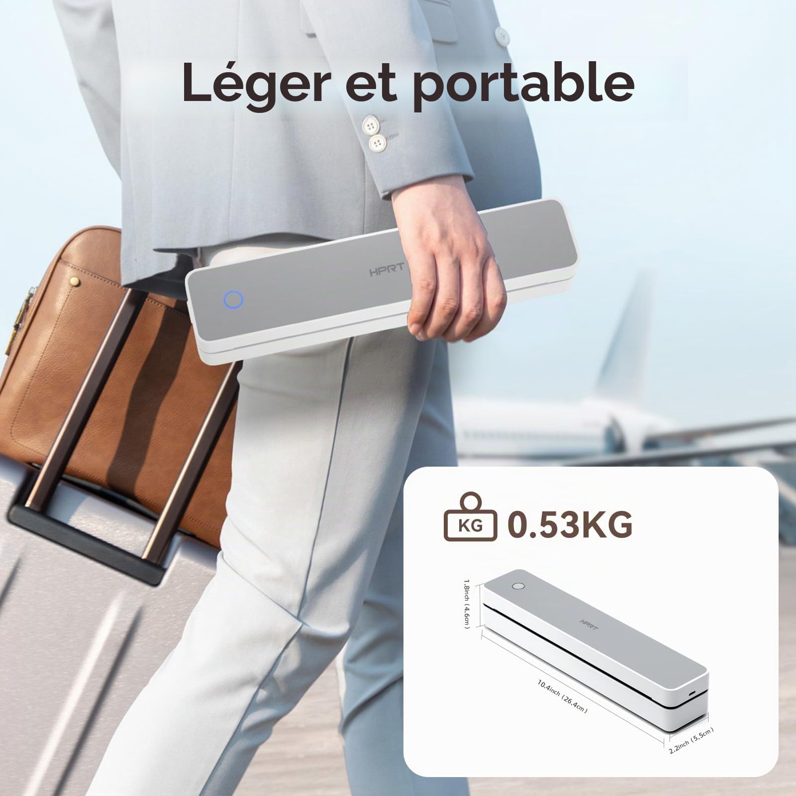 HPRT Imprimante portable sans fil pour voyage, prend en charge le papier thermique A4 et lettre américaine 8,5 x 11, 300 DPI Bluetooth sans encre, compatible avec téléphone et ordinateur portable