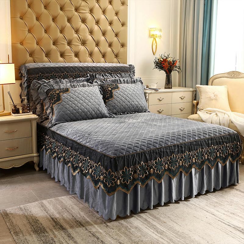 Bed Skirt,Base Valance,Bed Cover, 150-180 * 220CM Gold Embroidery Velvet Fitted Bed Skirts & Valances Mattress Cover Cotton Ruffle Pleated Bed Cover Double Bed Ruffle Skirt ( Color : Silver Gray B05 ,