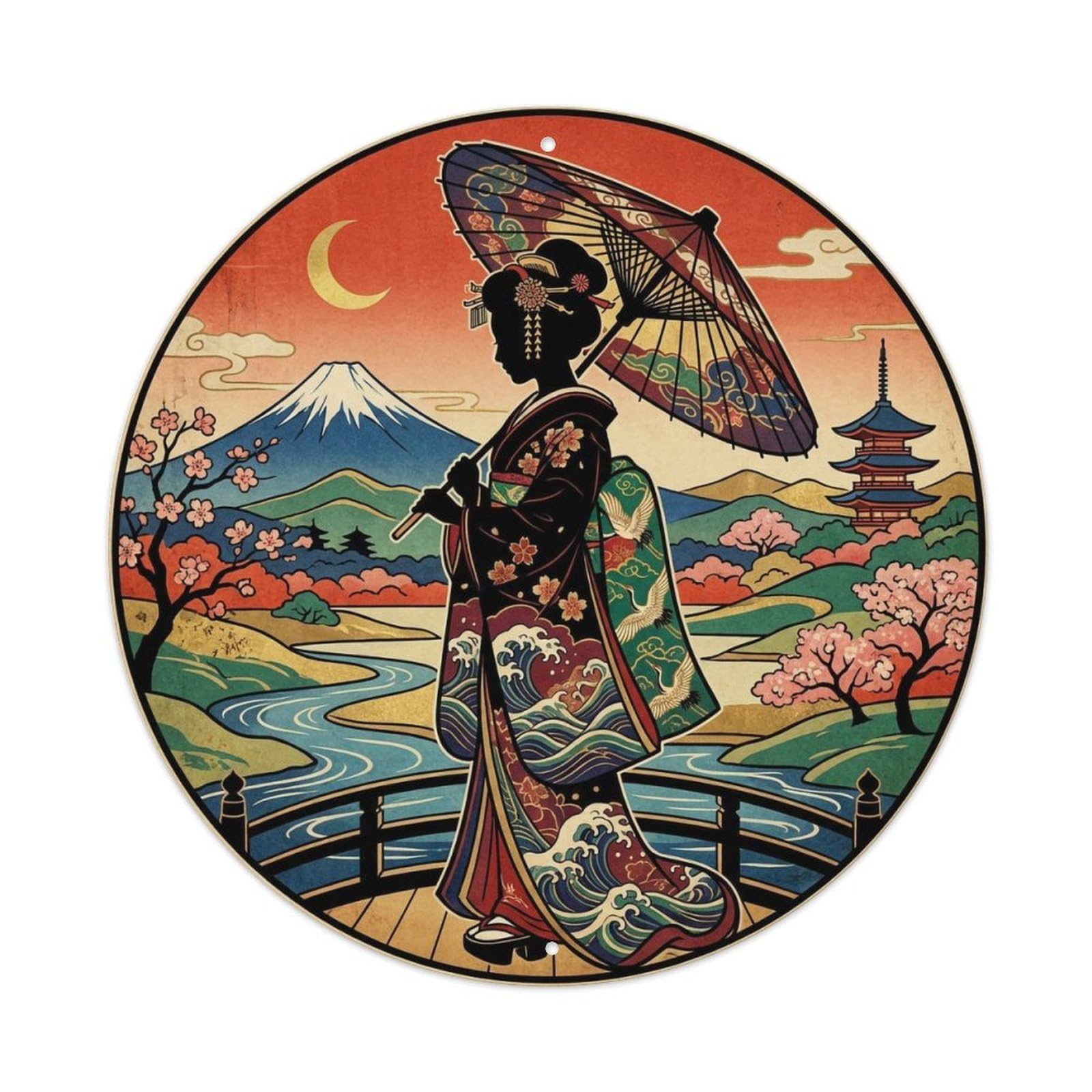 Japanese Geisha Side Silhouette Umbrella Metal Tin Sign