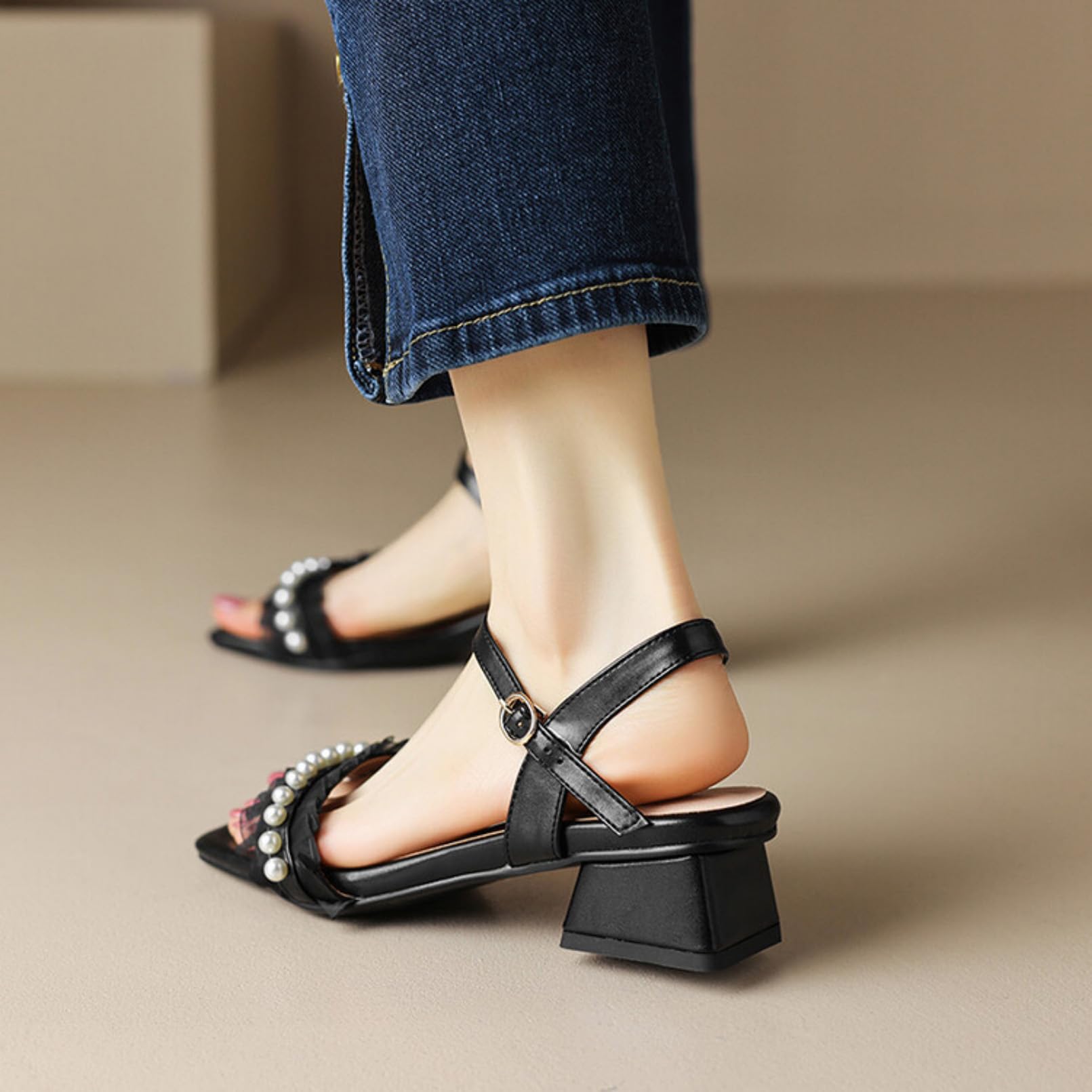 Generico Sandali Slingback Donna con Fibbia Metallica Regolabile Decorativo Perline Volant Tulle Fascia Singola Tacco Blocco Basso Calzature Estive Vita Quotidiana Ufficio Viaggi