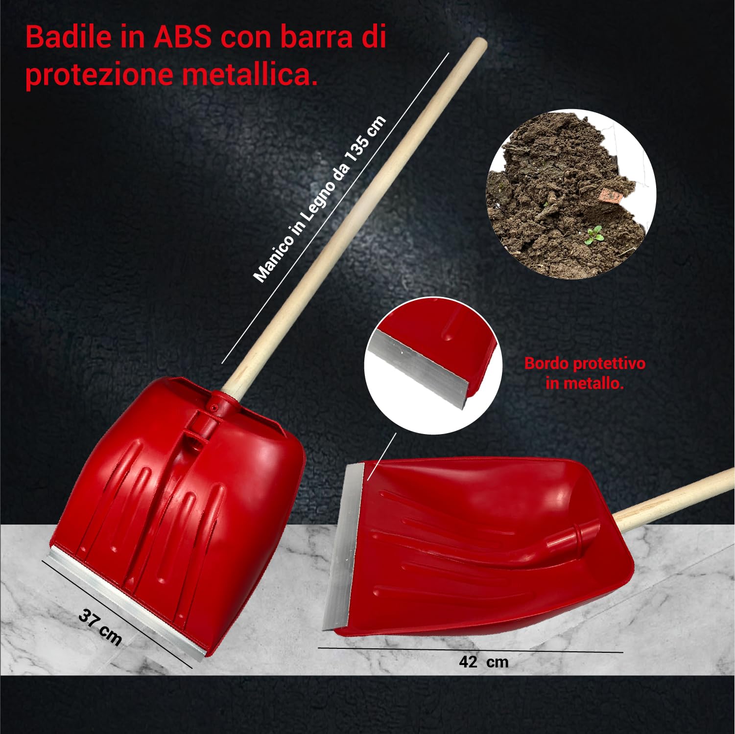 Crisalide® - Baie professionnelle en ABS, extrémités renforcées en aluminium anti-choc, 42 x 37 cm, poignée 135 cm, polyvalente pour usage agricole, jardinage et construction, pelle ergonomique