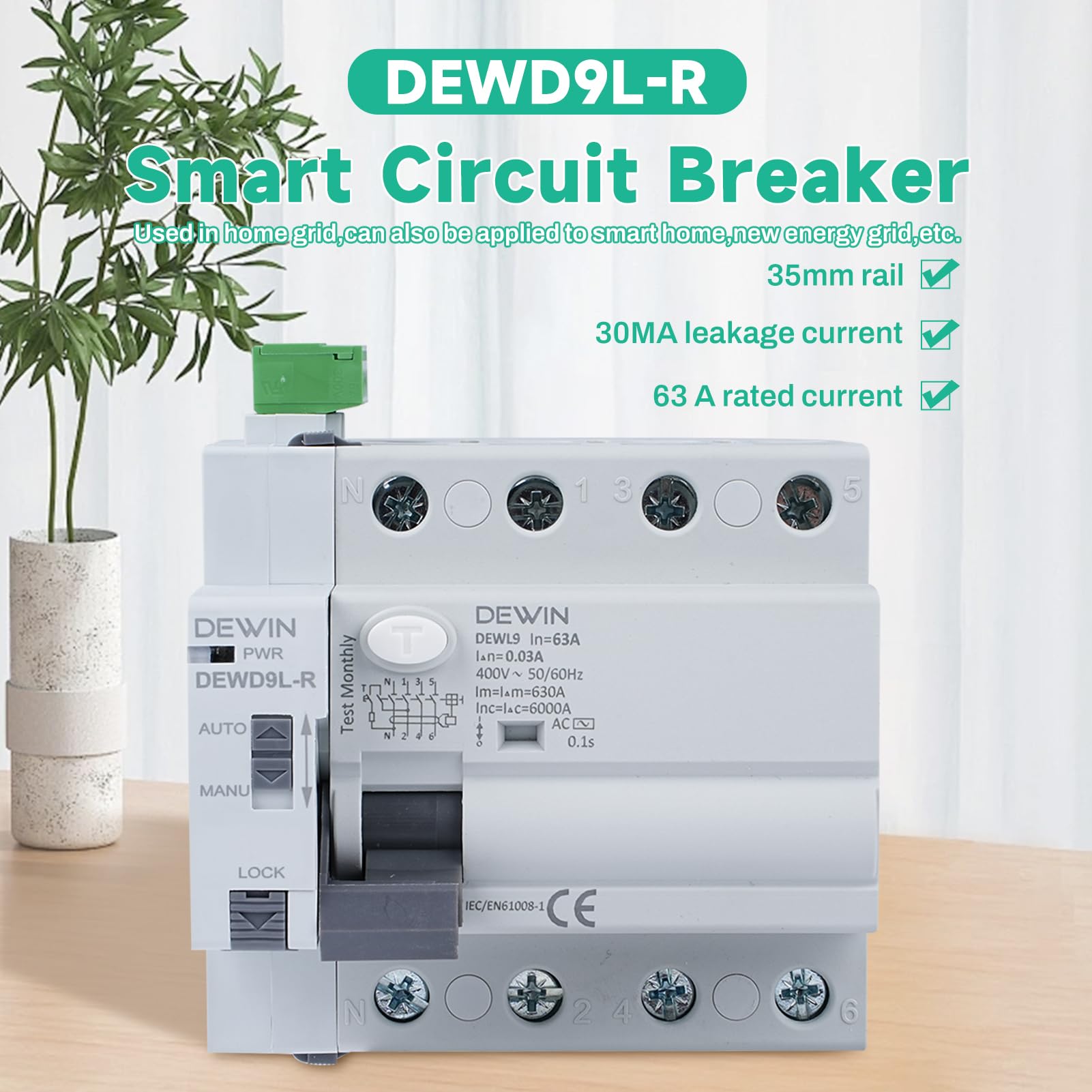 Differenziale Riarmo Automatico, 4P 63A 30ma 400V Salvavita con Riarmo Automatico RCCB Interruttore Differenziale a Riarmo Automatico Salvavita Interruttore di Protezione da Perdite