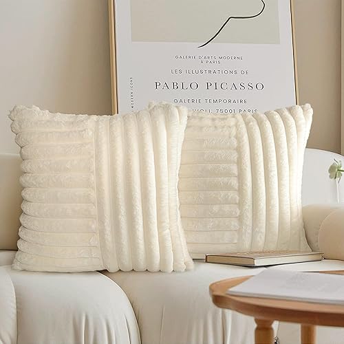 Miniatura 5 de AELS Juego de 2 fundas de almohada de piel sintética suave a rayas de 20 x 20 pulgadas, fundas de almohada cuadradas de felpa decorativa para sofá,