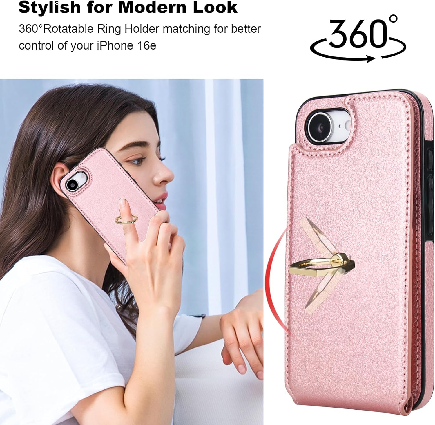 Folosu Compatible with iPhone 17e 16e Case Wallet with Card Holder, 360°Rotation Finger Ring Holder Kickstand, RFID Blocking Leather Protective Double Buttons Shockproof Cover 6.1 Inch Rose Gold