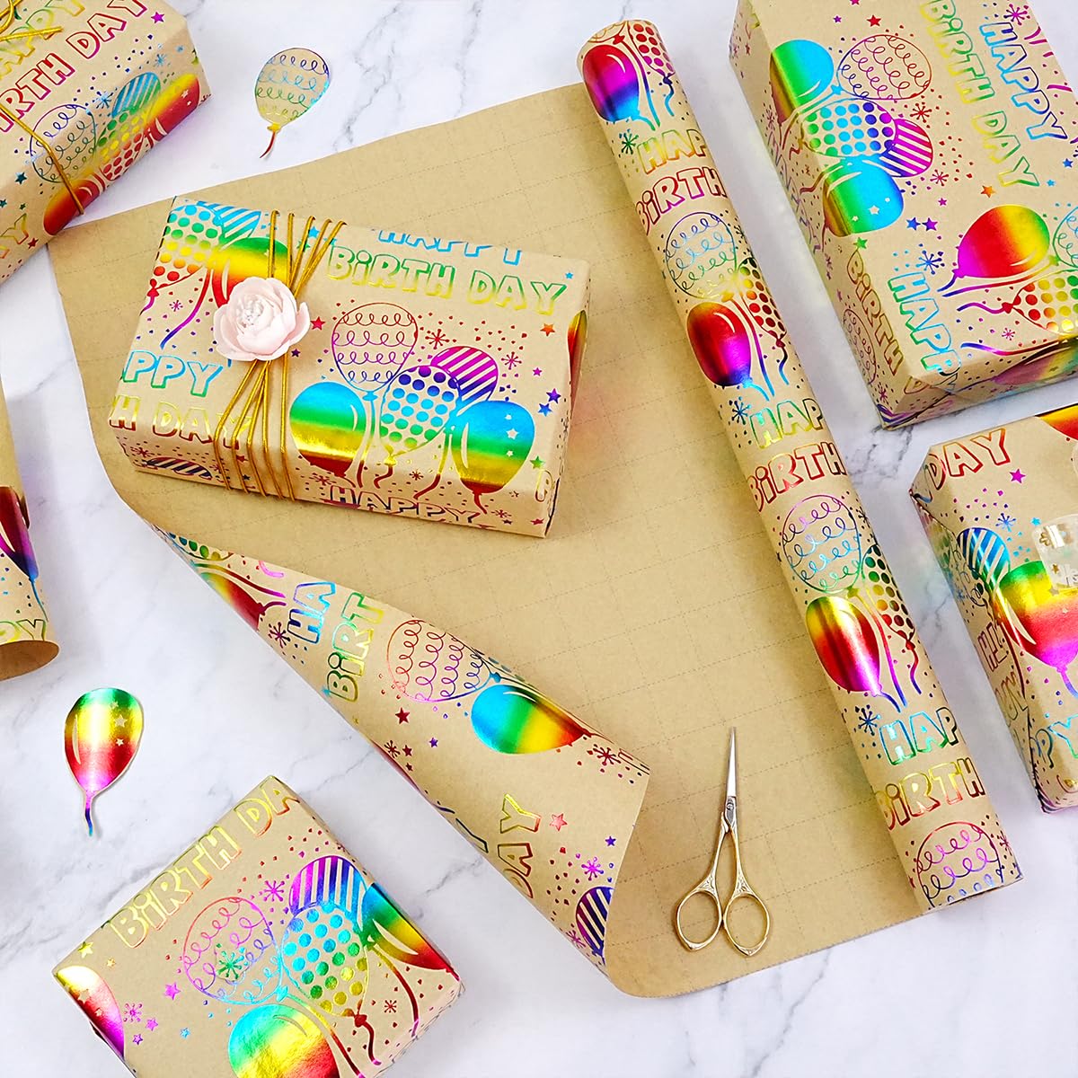 BWLOIES - Juego De Papel De Regalo Para Cumpleaños, Diseño De Cumpleaños Con Etiquetas Y Cinta, Para Niños, Hombres, Niñas Y Mujeres