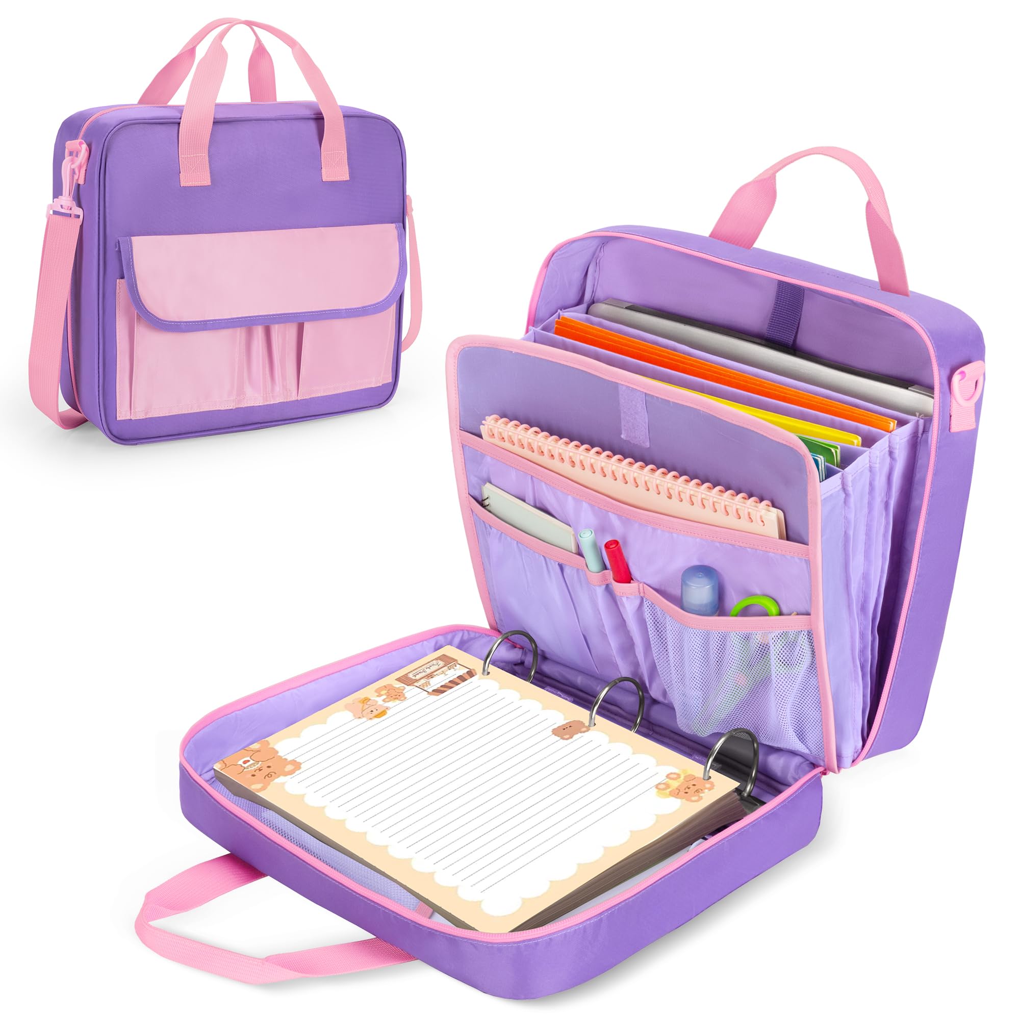 YARWO Zipper Binder Bag for Boys and Girls, 3 Ring Binder Holds 500 Sheets, Accordion File Organizer with 5 Expanding File Folder Fit for 13” Laptop,