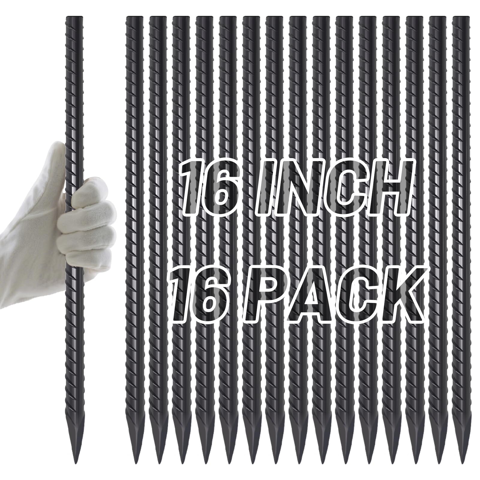 AAGUT 16 Inch Rebar Stakes Heavy Duty 16 Pack 3/8" Diameter Landscape Timber Spikes, Straight Stakes with Chisel Point End, Ground Anchors for Camping Tent, Garden Plant Support, Concrete, Black