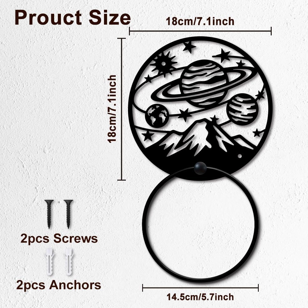 MAYJOYDIY Planet Metal Towel Ring Round Planet Mountain Stars Towel Holder Cartoon Ring Hanger Wall Mount Black Vintage Towels Wall Organizer for Kitchen Bath Home Laundry Room Decors Gifts image 2