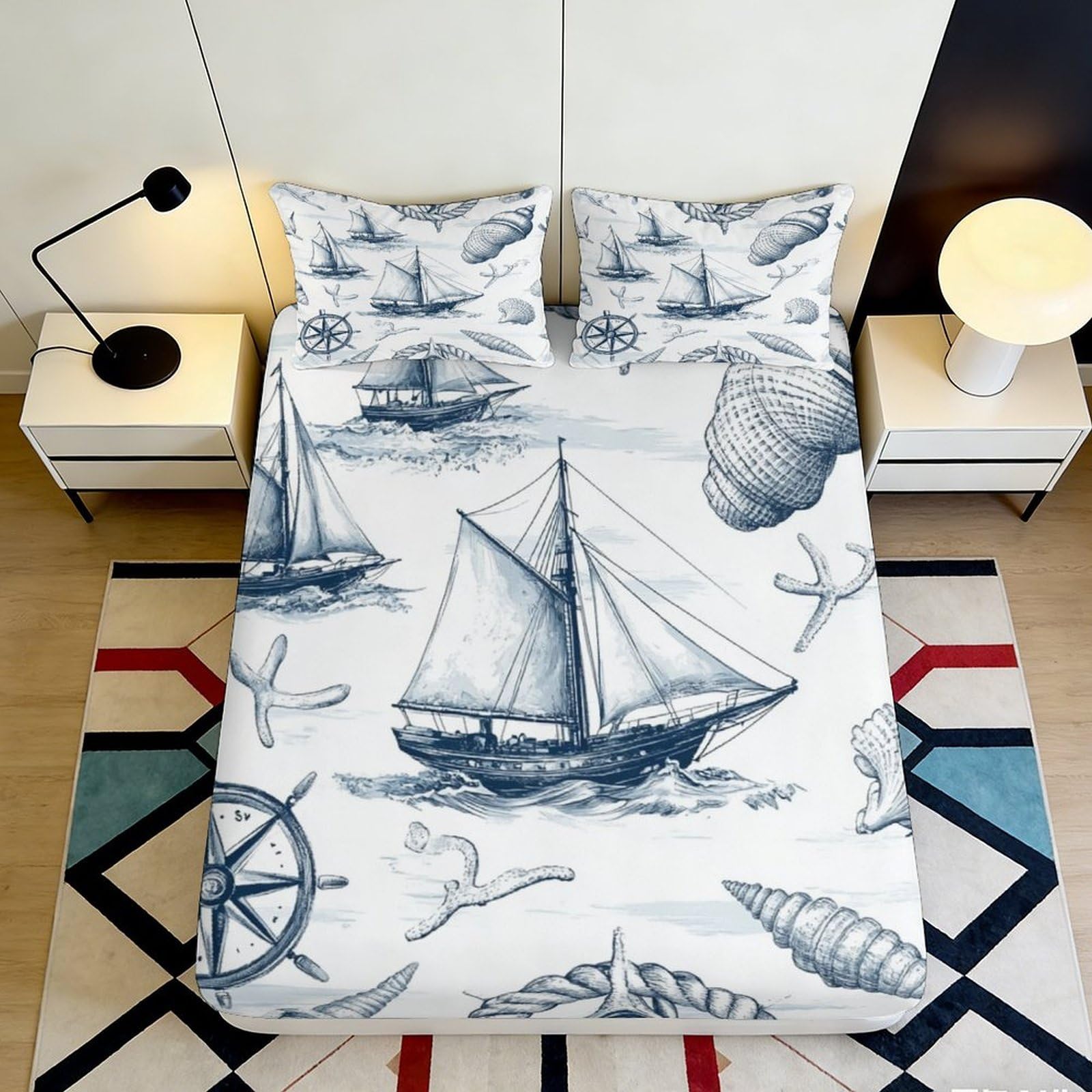 3D Printed Sailboat Ocean Fitted Sheet Microfiber Soft Nautical Bed Cover for Bedroom Guest Room Decor Easy Care 90x200x25cm