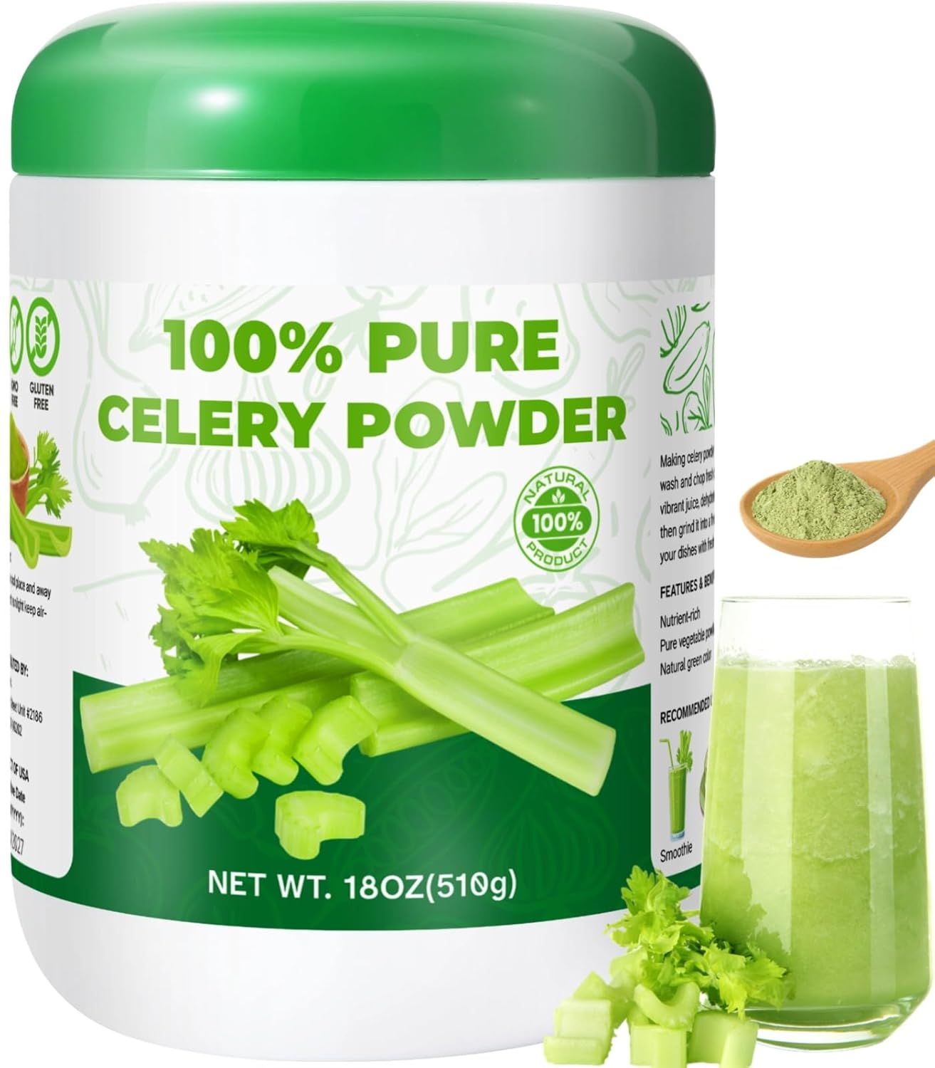 18OZ Pure Celery Powder - 100% Natural Dried Celery Juice Flavoring Powder, Non GMO & Gluten Free, Low Fat, Perfect for Smoothie, Baking, Seasoning, Drinks(510g)