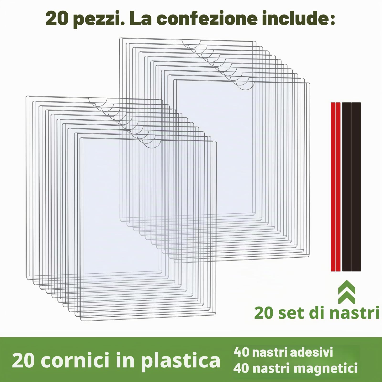 Confezione da 20 supporti murali magnetici A4 - Protezioni rigide con bande adesive e magnetiche - Supporto murale in plastica per ufficio, negozio, casa, finestra