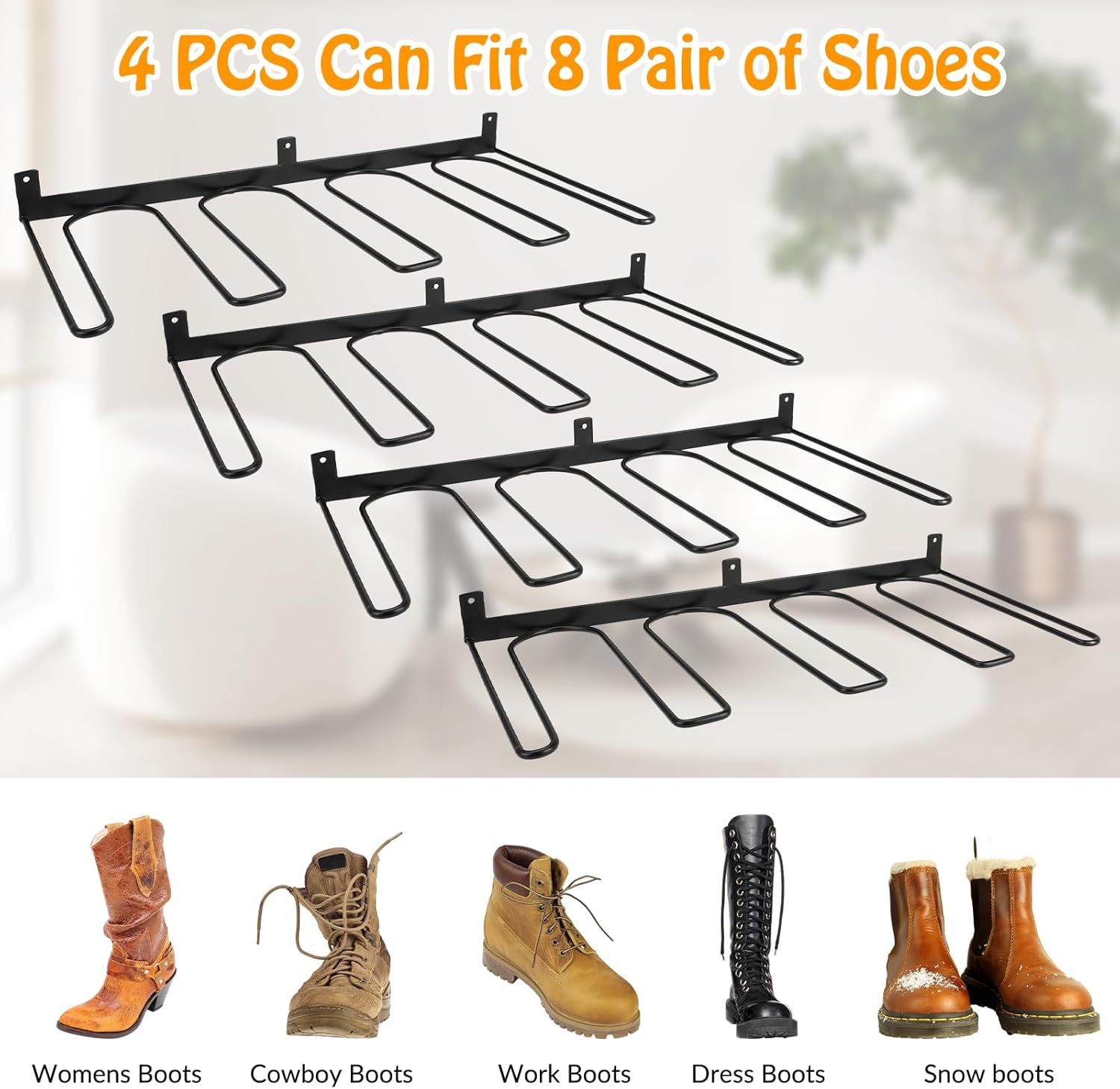 4 Pack Boot Rack Wader Hangers Wall Mount Holds 8 Pairs, Organizer Hanging Metal Tall Holder for Cowboy Garage Storage Closet Entryway Outdoor Drying, Black