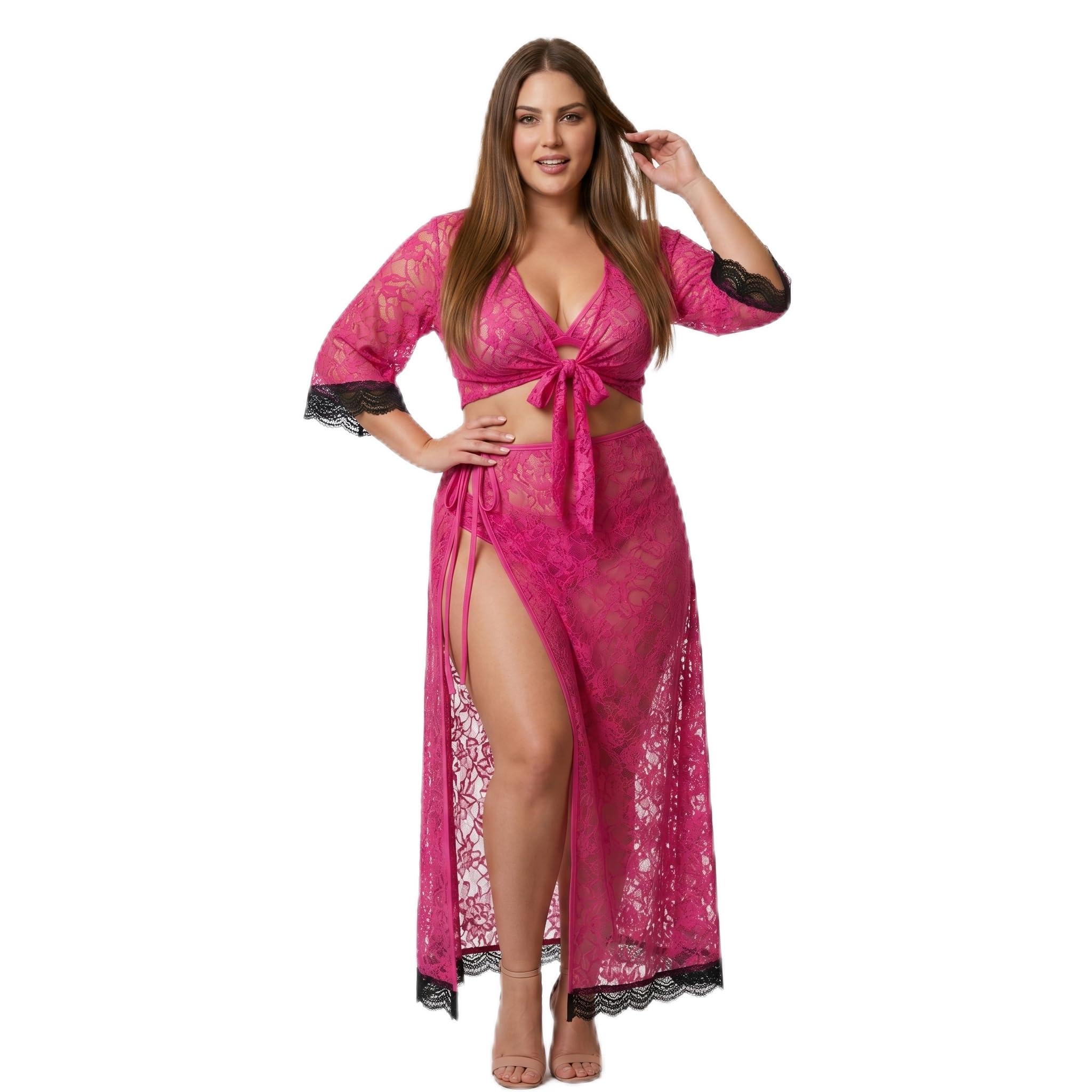 Women's Pink Lace Babydoll Nightwear Set | Sexy Transparent Night Dress with Long Robe & Side Slit | Honeymoon Lingerie, Romantic Sleepwear, Swim Wear for Women|| Free Size-image-26