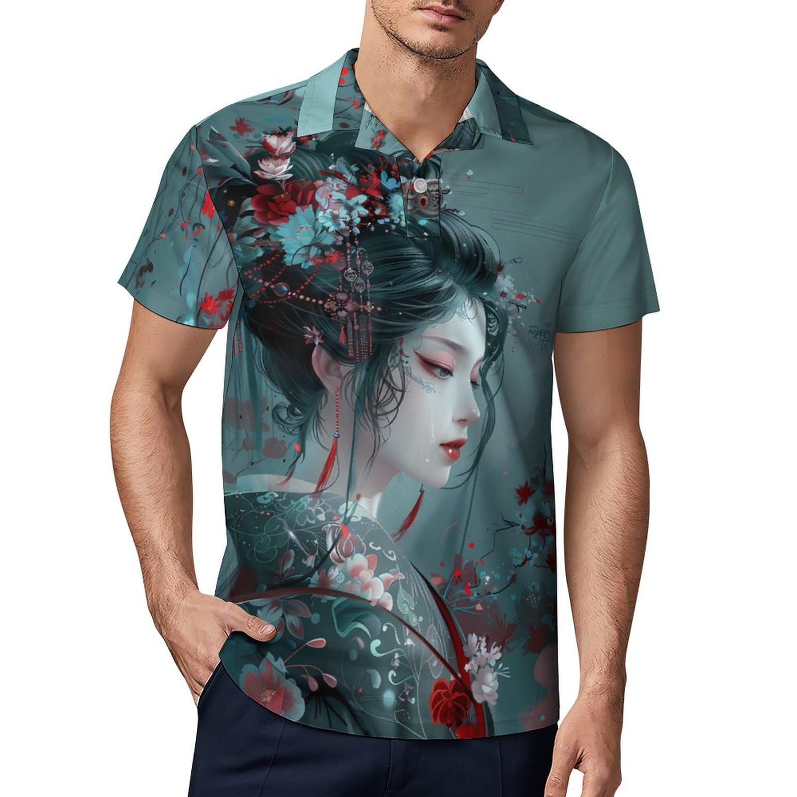 Beautiful Japanese Geisha Novelty Men's Short Sleeve Shirts Funny Golf Tennis Work T-Shirt Sport Tee L
