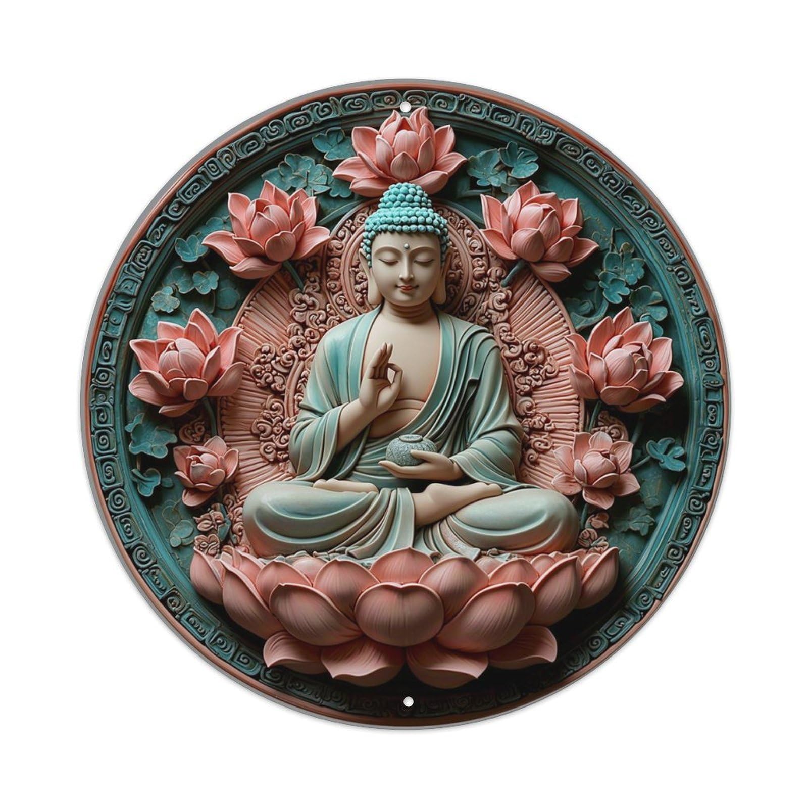 Buddha Lotus Flower Circular Relief Pattern Vintage Metal Tin Sign Retro Wall Decor for Home Bar Garage Cafe, Indoor & Outdoor Decorative，circle Metal Poster, 8x8 Inch