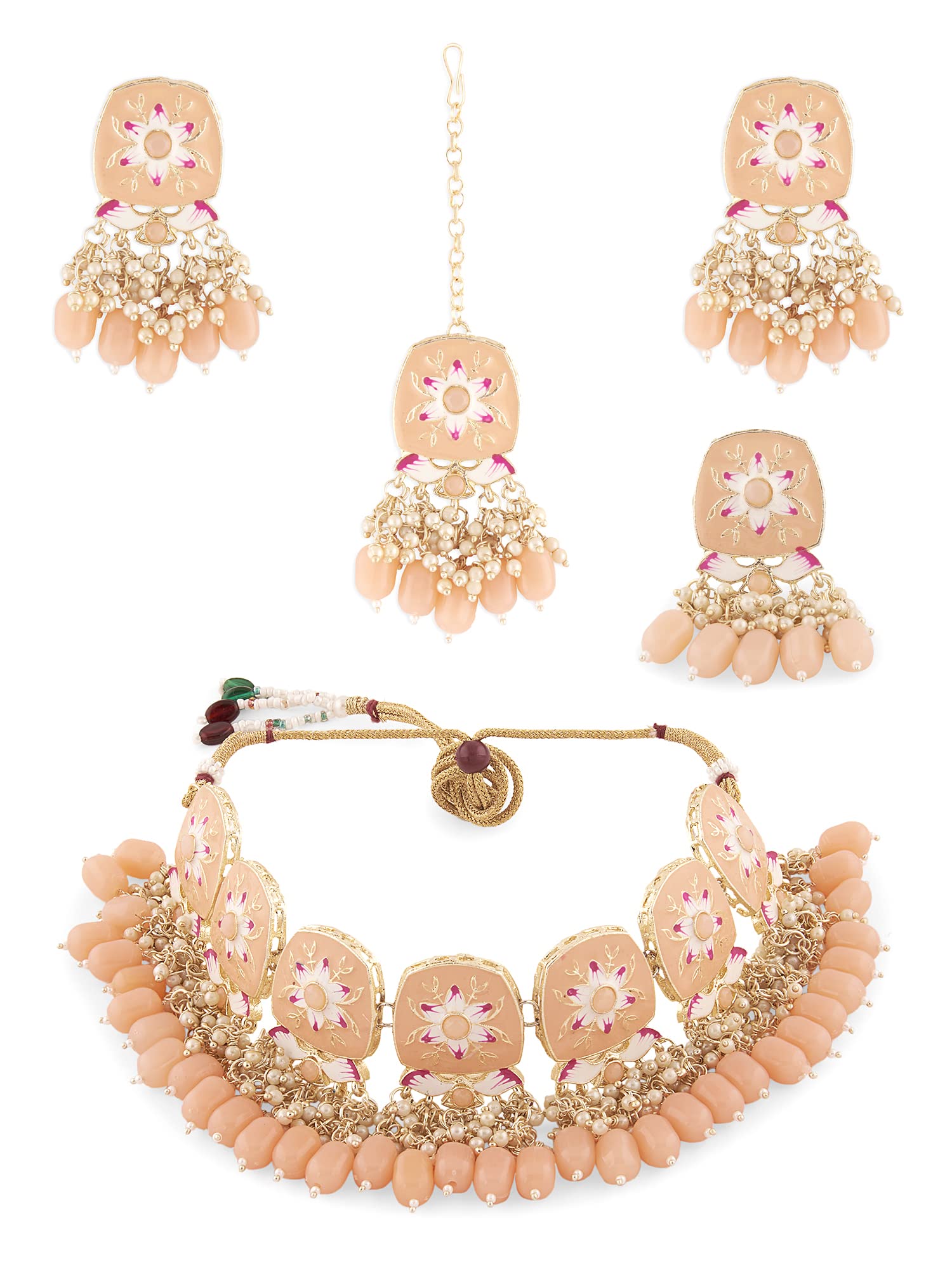 ZAVERI PEARLS Peach & Pink Meenakari Floral Choker Necklace Earring Maangtikka & Ring Set For Women-ZPFK13673 (B0B1HTCKLY) Amazon Price History, Amazon Price Tracker
