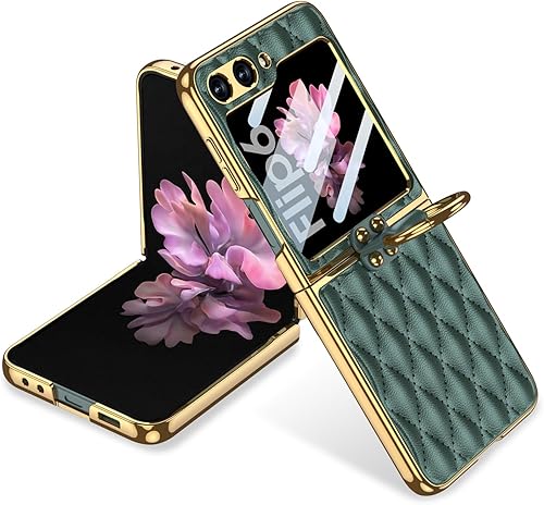 Miniatura 10 de SHIEID Z Flip 6 - Funda de piel para Galaxy Z Flip 6 con marco galvanizado, soporte de anillo, forro de esponja y diseño en forma de diamante para