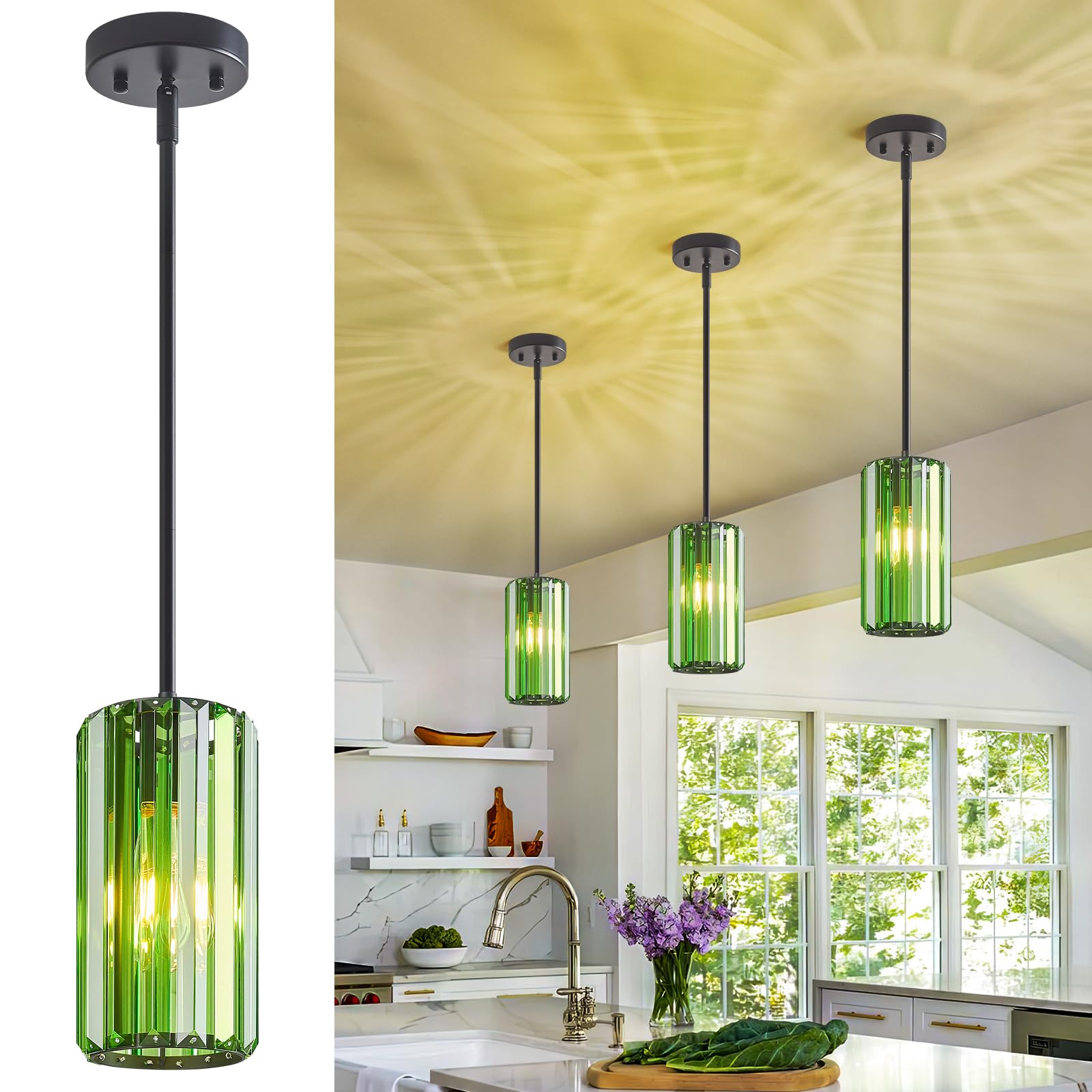 Modern Crystal Pendant Light Mini Dark Green Chandeliers Adjustable Pendant Lights Fixture for Kitchen Island Dinning Room Corridor Bedroom(Dark Green 3-Pack)
