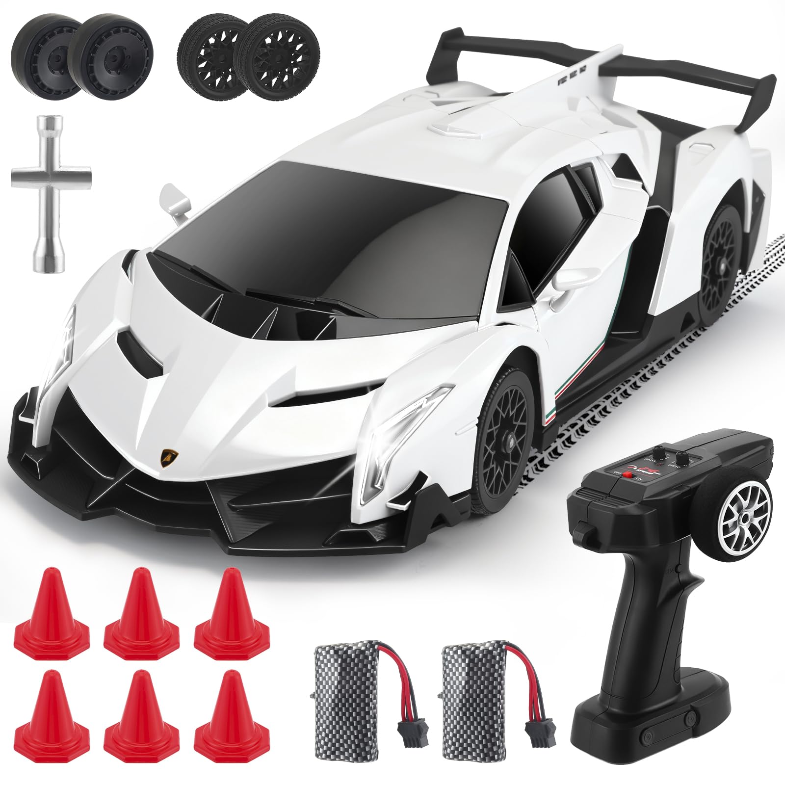 VeftBltrem Lamborghini RC Drift Car, 1:18 4WD High Speed Remote Control Car, 35KM/H Racing with Proportional Throttle, LED Lights, Extra Drifting Tires, Speed Adjustment, Toy Gift for Boys Adults