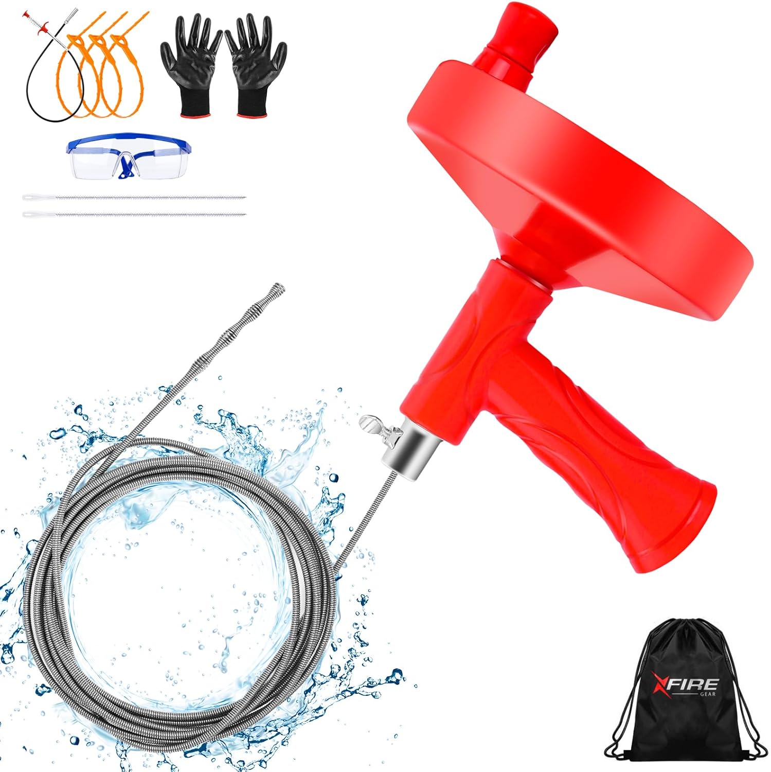 10-In-1 25FT Drain Clog Remover Tools Kit, Plumbing Snake Drain Auger Hair Clog Remover with Gloves and Cleaning Brush and Cleaning Brush for Kitchen and Shower Drain Cleaning