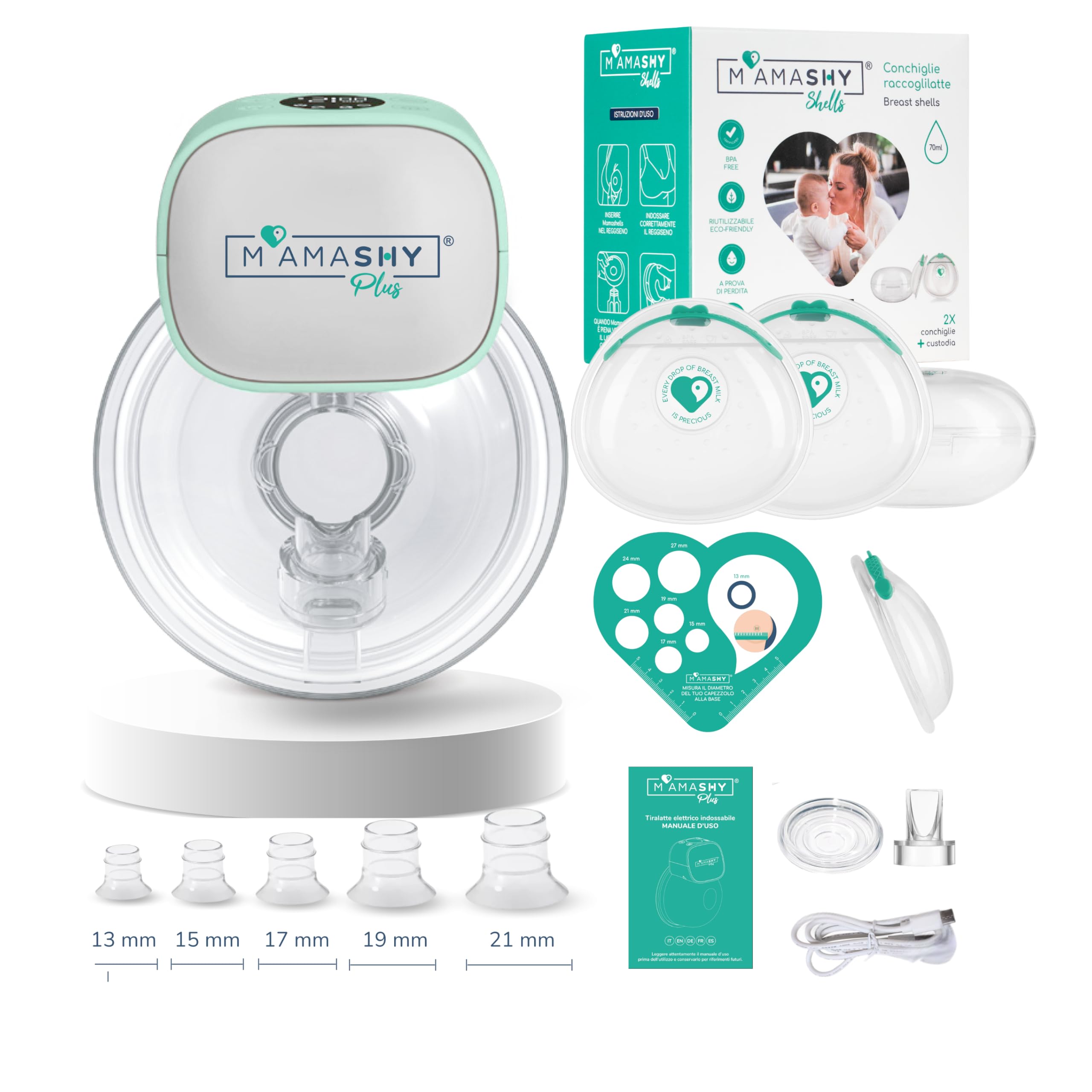 MAMASHY Plus GO – 1 Tiralatte Elettrico Indossabile Silenzioso con 6 Taglie, 2 Coppette Raccogli Latte, 5 Adattatori BPA‑Free, Allattamento Neonato, Portatile, Custodia + Accessori Inclusi