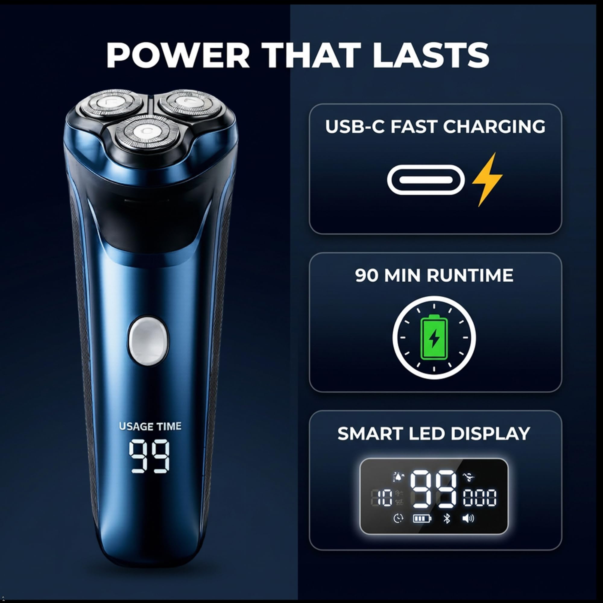 Smart 2-in-1 Electric Rotary Shaver for Men, Wet & Dry USB Rechargeable Razor