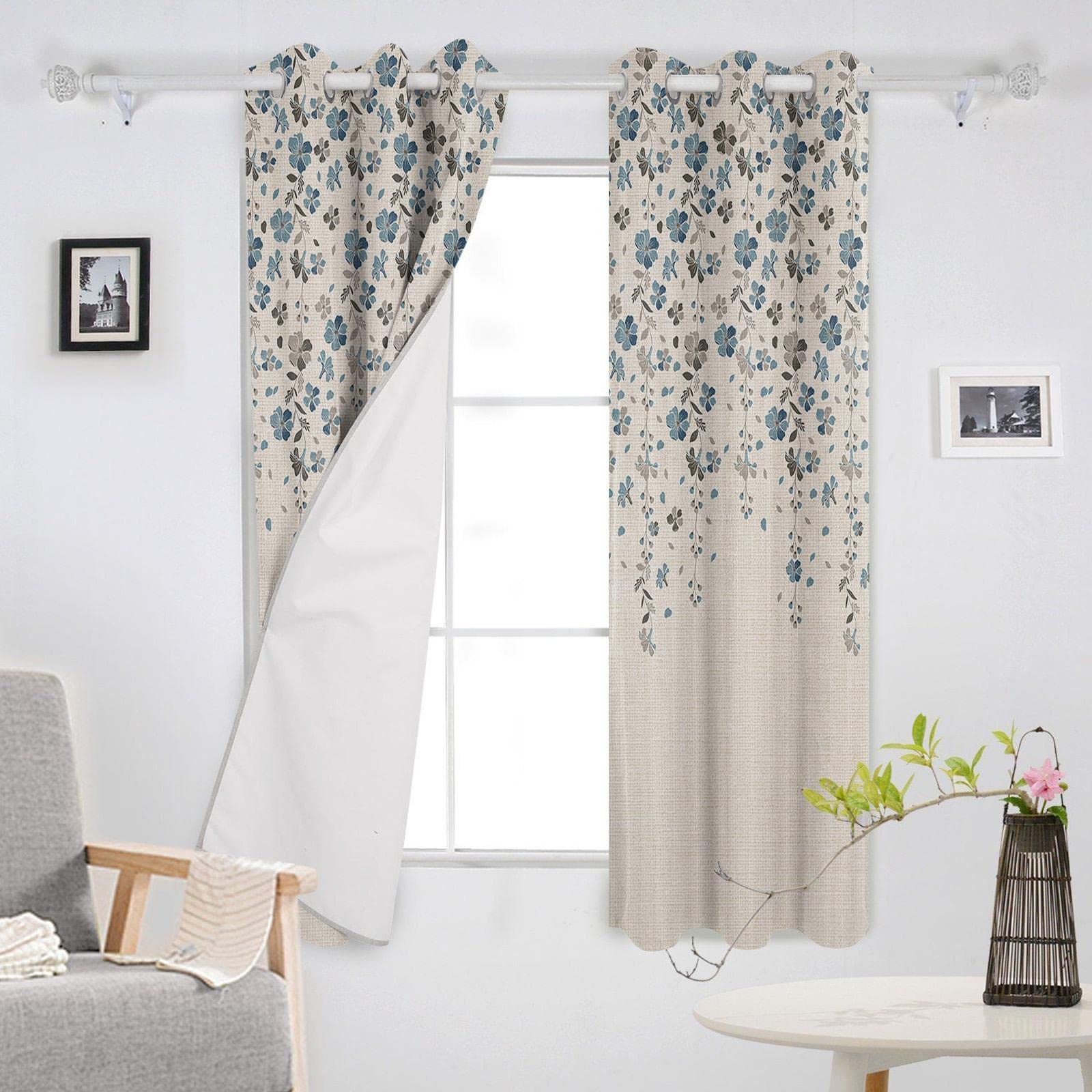 Bleu Gris Fleur Coton Lin Moderne Salon Cuisine fenêtre s Maison Chambre Enfants Chambre décorative s WxL-229x117cm(90x46in) x2