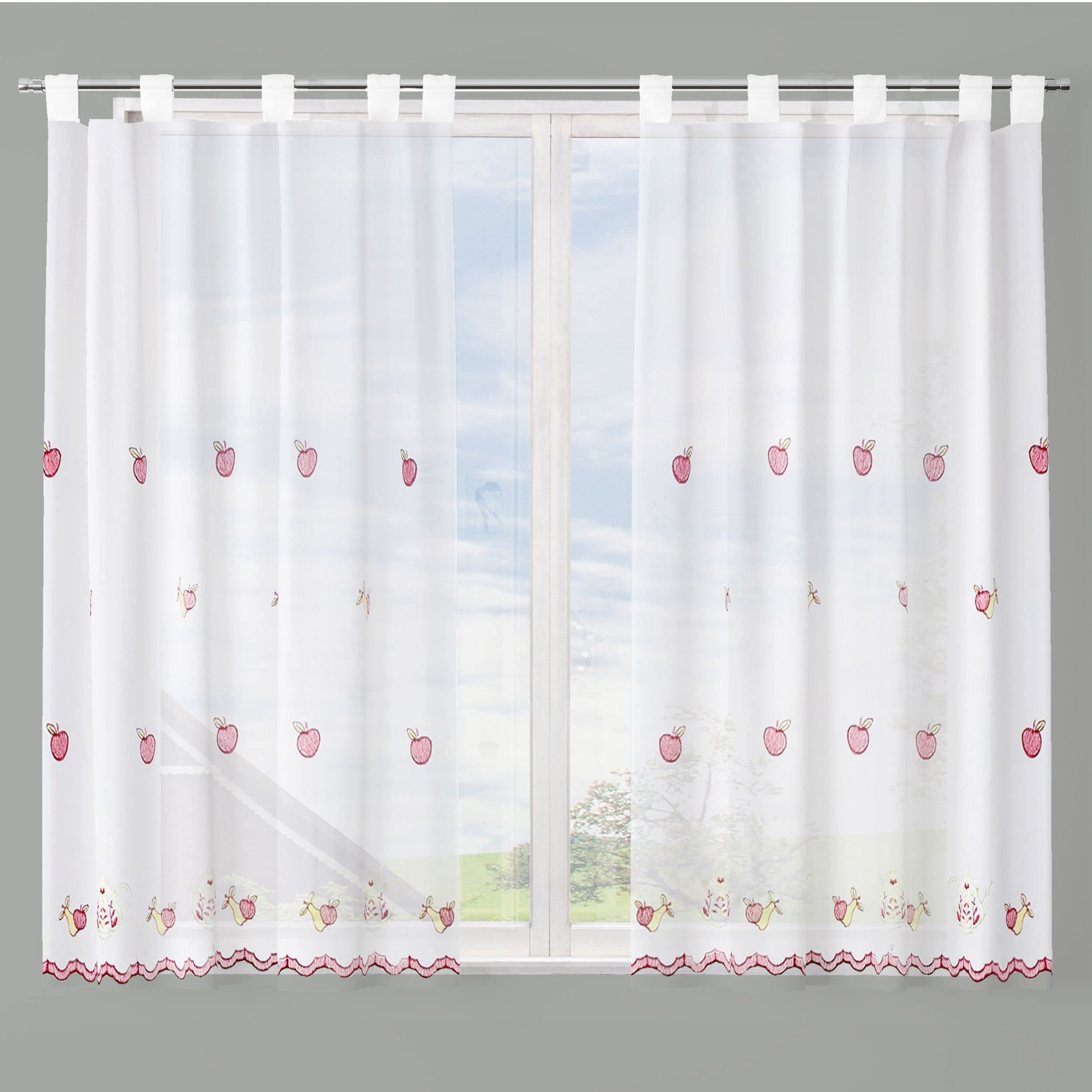 Dalina Textil - Cortina de Cocina Translúcido con Bordado, Visillo Transparente para Cocina, Comedor, Marco de Puerta 1 Pieza Tejido Gasa Fina Modelo Bordados Tetera 140X140CM