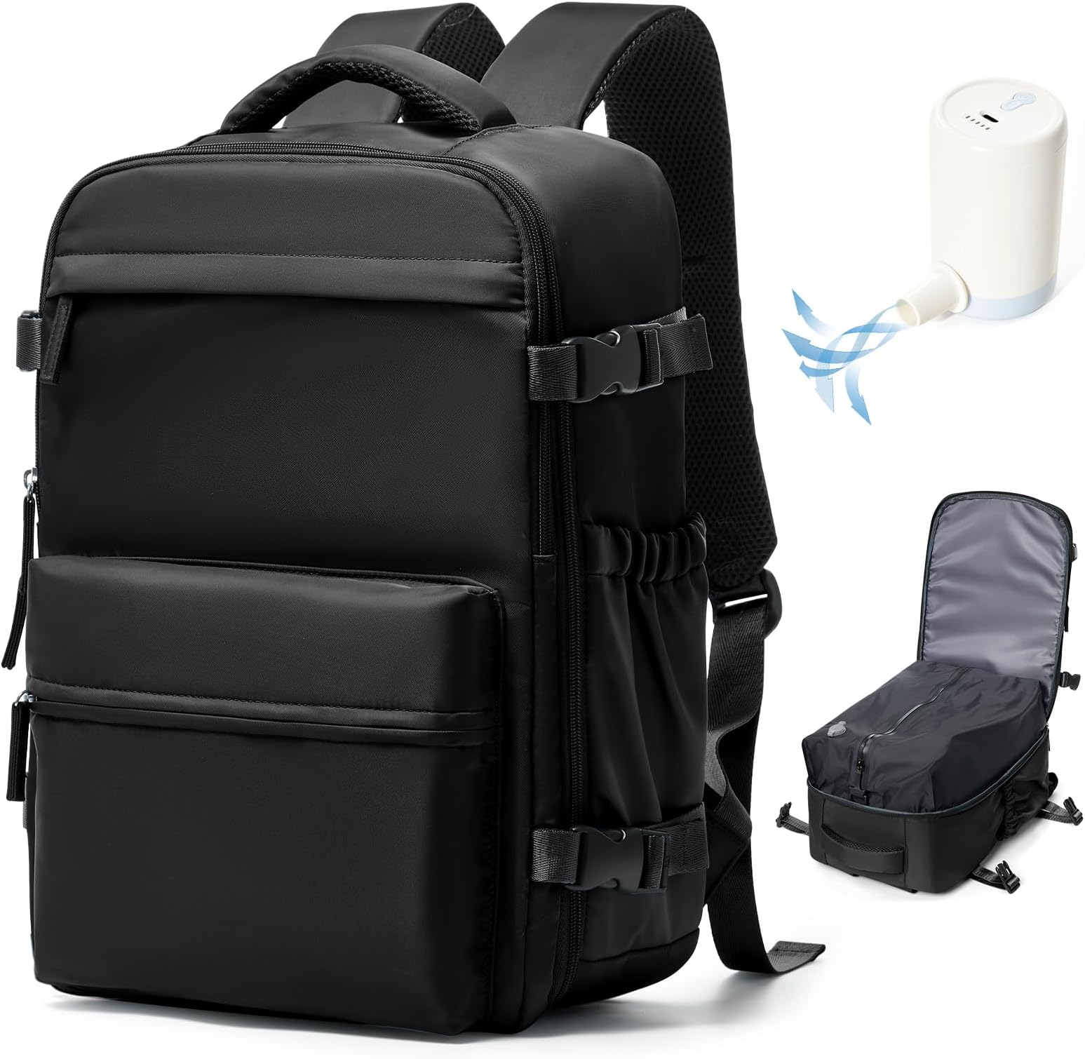 Vacuum Travel Backpack with Pump, Travel Backpack for Men and Women with Vacuum System, Backpack Hand Luggage Aeroplane Ryanair 40 x 20 x 25 cm Luggage Tag with Vacuum Compression, Black