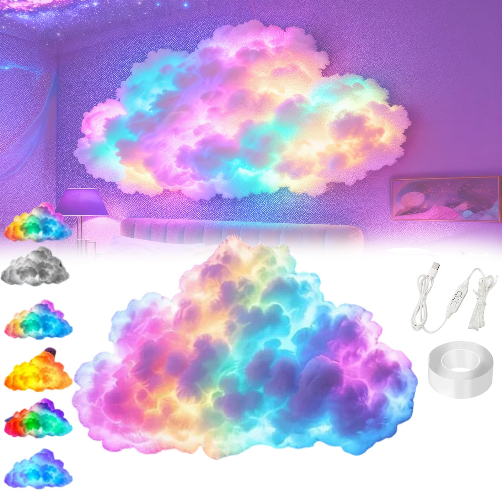 Pnedeodm Thunder Cloud LED Light, 2026 New LED Cloud Light with Music Rhythm, DIY USB-Powered Thundercloud LED Light Decor, 3D Clouds Night Lights with Vibrant Glow for Bedroom & Gaming Room (200cm)