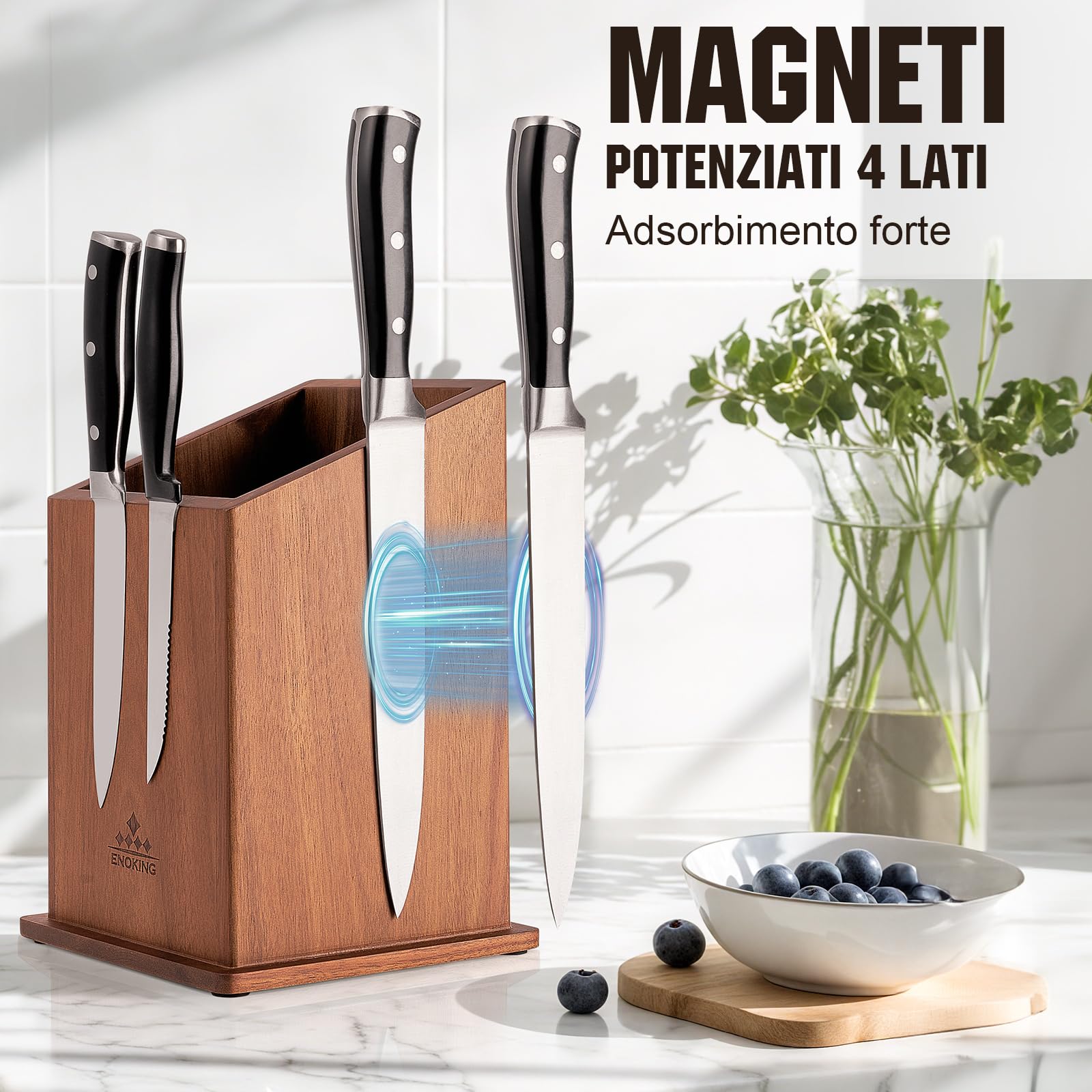 ENOKING Porta Coltelli Cucina Magnetico, Ceppo Coltelli da Cucina Vuoto, Portacoltelli da Cucina in Legno di Acacia, Porta Posate Cucina di Grande Capacità per Coltelli e Utensili da Cucina