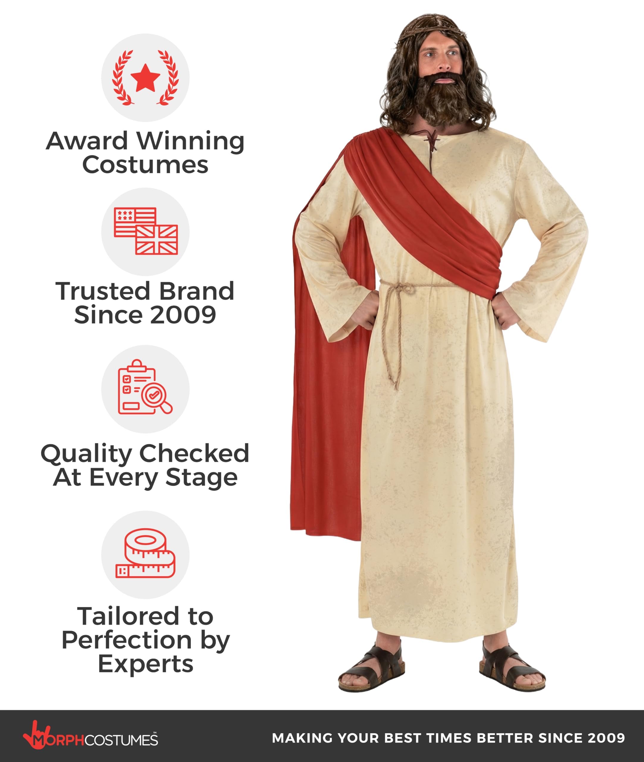 Morph Costume Gesù Cristo Uomo - Vestito Messia con Parrucca e Barba per Adulti, Abito Carnevale per Costumi Halloween Adulti e Feste a Tema