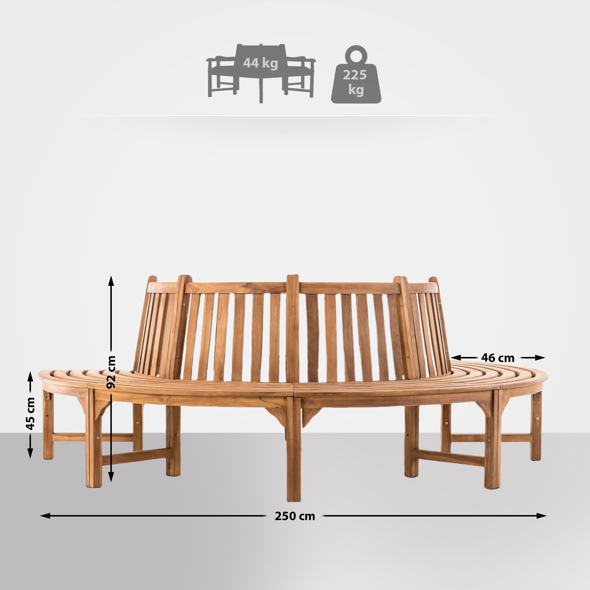 CLP Banco Semicircular Lehming De Madera Teca para 4 Personas I Silla para El Jardín Resistente A La Intemperie con Respaldo, Tamaño:250 cm