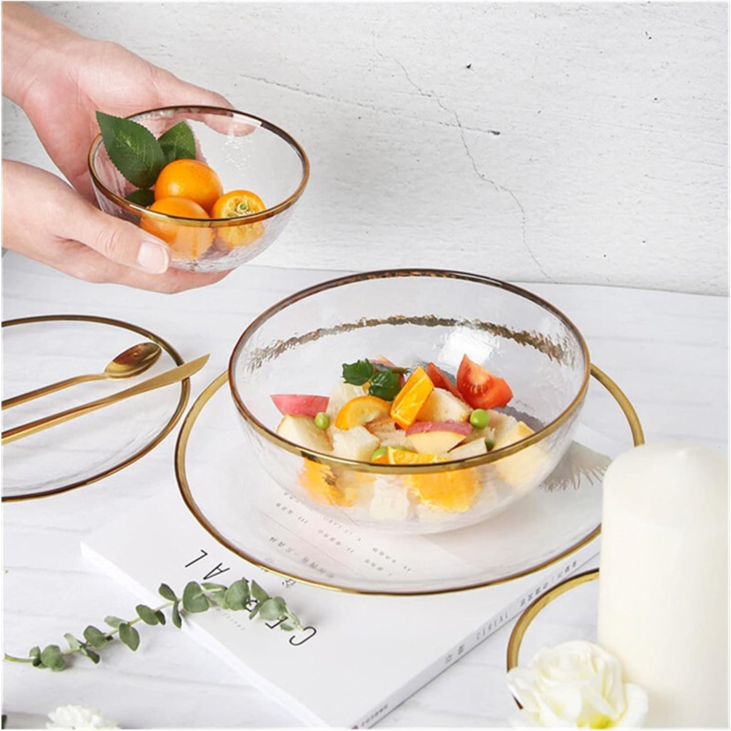 Schüssel, Glasschalen, Glas-Gold-Inlay-Rand, Obst-Reis-Salatschüssel(Large)