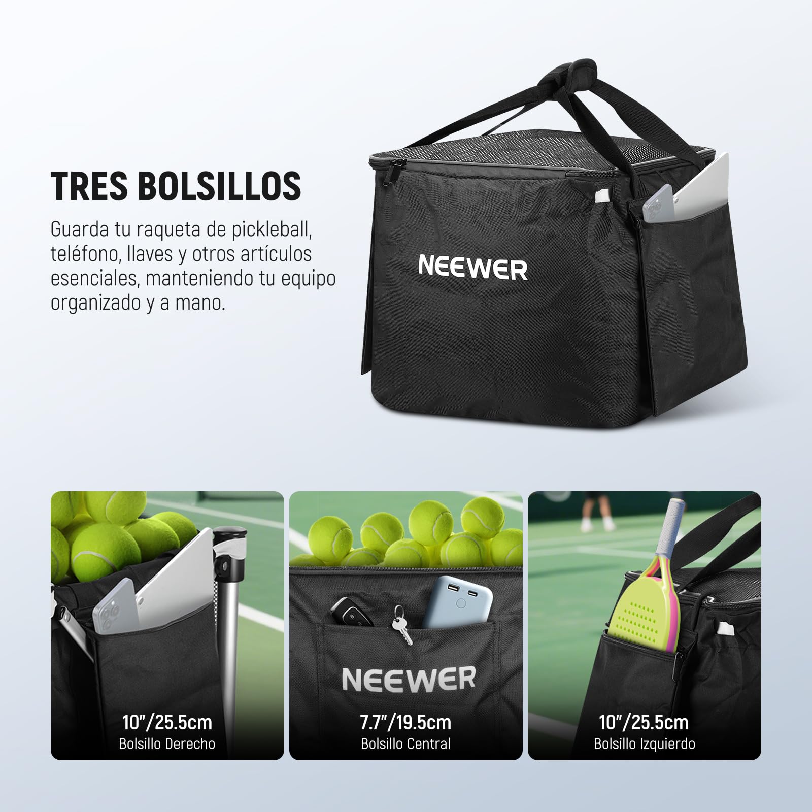 NEEWER Contenedor de Pickleball con Ruedas, Plegable Poliéster Picker Upper Hopper Carrying Basket Cart Holder con Bolsillo Lateral