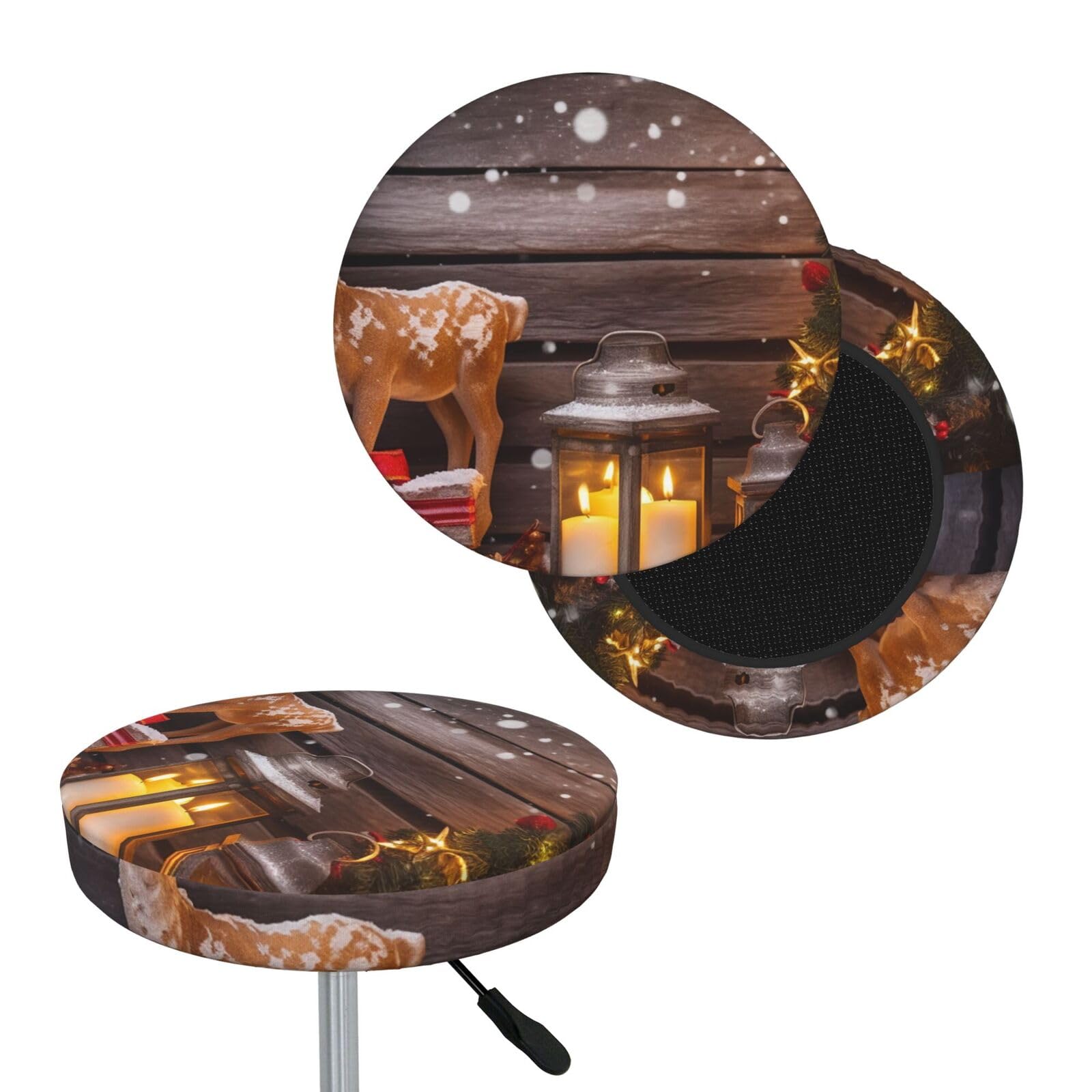 NONHAI Merry Christmas Candle Deer Bar Stool Cover Round Elastic Stool Cushion Covers Dustproof Bar Chair Cover Washable Stool Cushion Slipcover Stretch Stool Seat Covers for 12-14 Inch Chair