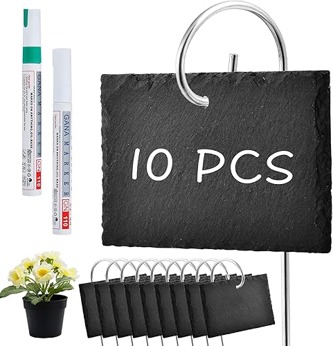 Elesunory 10 marcadores de plantas de pizarra, etiquetas de plantas naturales para jardín, impermeables, al aire libre, con 2 rotuladores, letreros