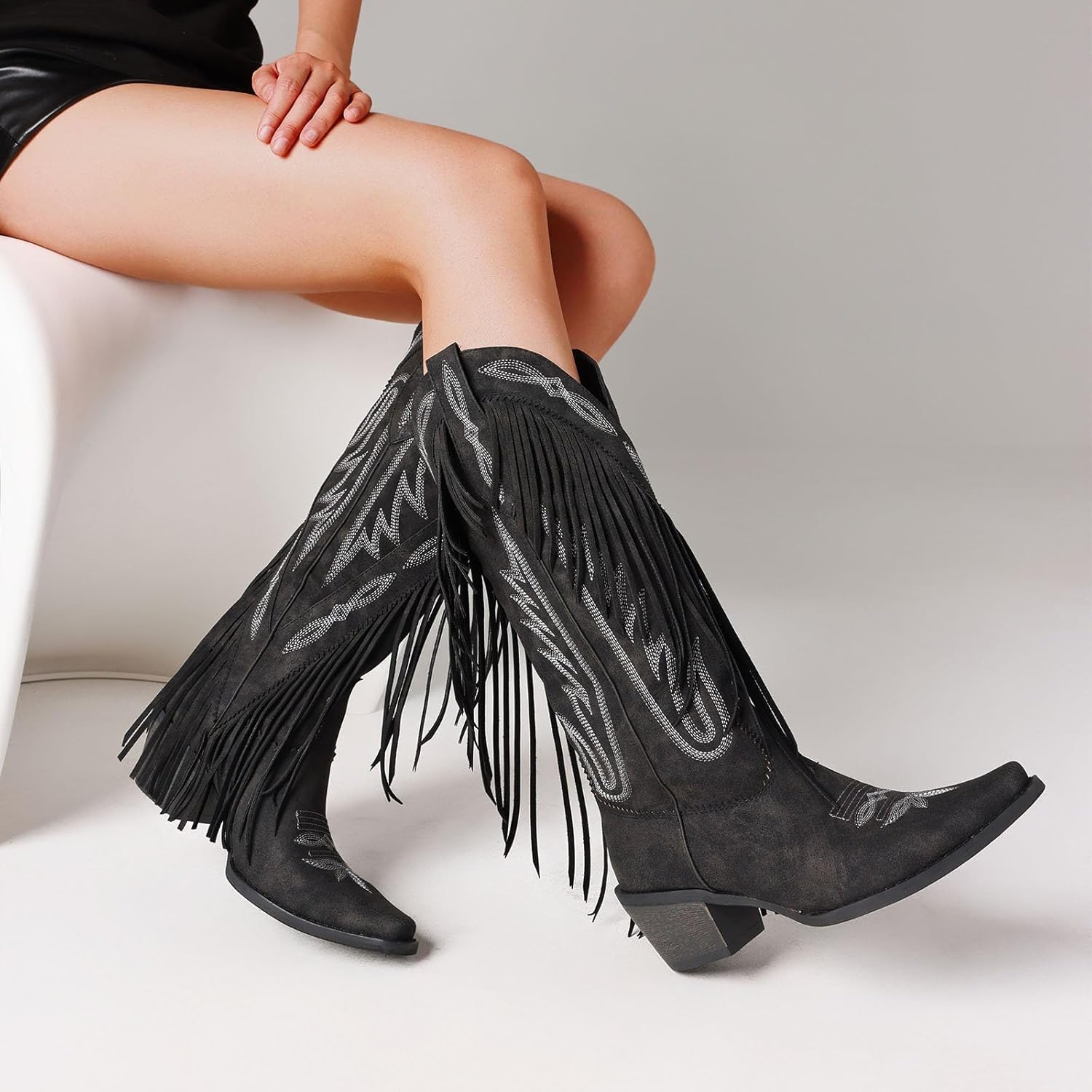 Mattiventon Cowboy Boots for Women Fringe Knee High Cowgirl Western Boots with Classic Embroidery Pointed Toe Chunky Heel for Weddings Parties - Image 2