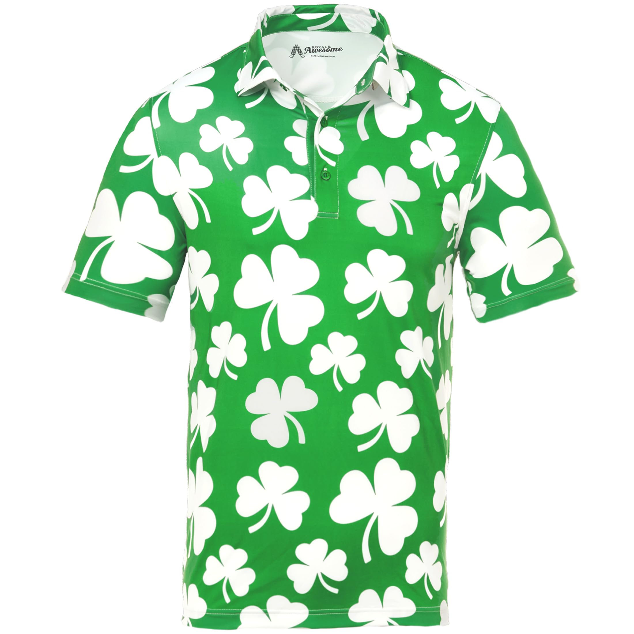 Royal & Awesome Funny Mens Shamrock Golf Polo Shirt, Crazy Colourful St Patricks Day Patterned Golf Top for Men, Stretch Fit, XXX-Large