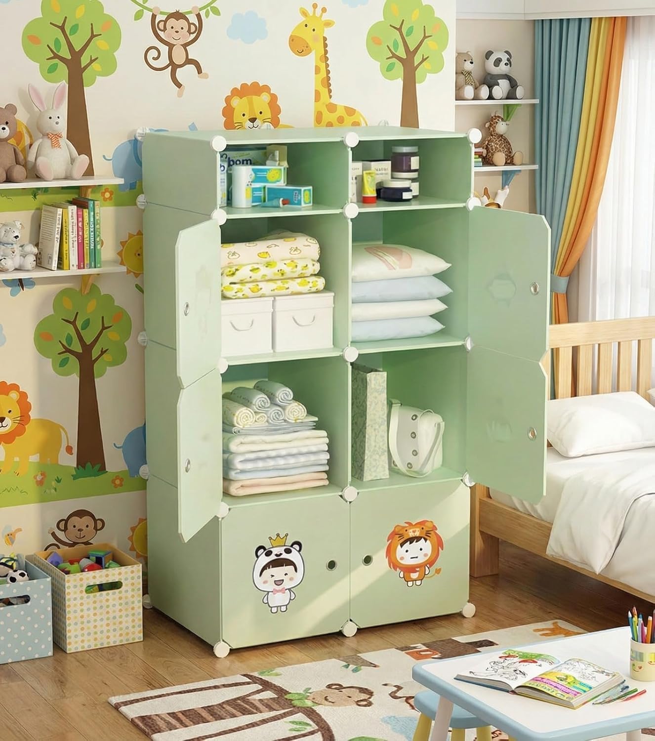 Sunderlook Plastic Wardrobe for Kids Clothes – Professional Collapsible Wardrobe, Easy to Use Foldable Almirah, Plastic Cupboard for Kids for Home (Green-B5, 6 + 2 Door)