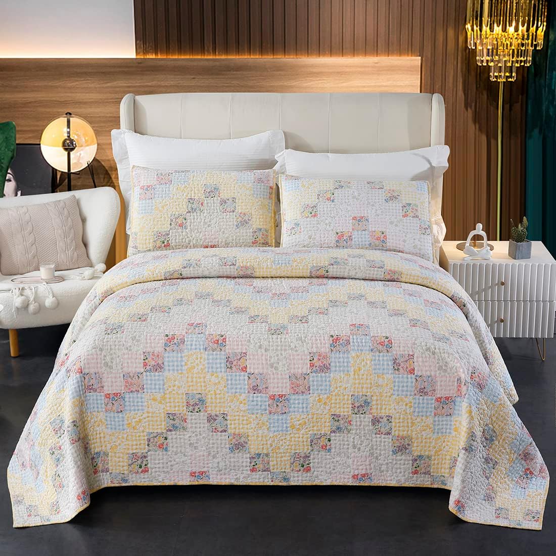 vctops Farmhouse Plaid Floral Cotton Quilted Bedspread Quilt Set Oversize Queen 3 Piece Patchwork Reversible Lightweight Coverlet Bedding Set for All Season (Cream,106"x92")