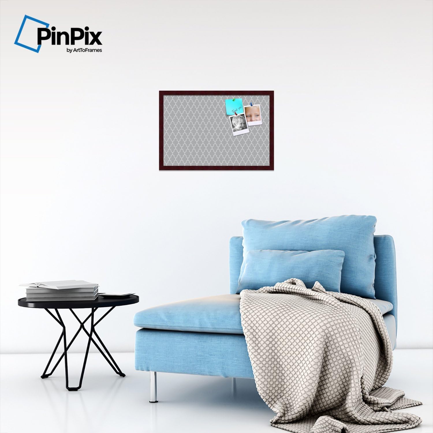 ArtToFrames 24x16 Custom Cork Bulletin Board. This Quatrefoil Grey Pin Board Has a Fabric Style Canvas Finish, Framed in Mahogany (PinPix-284-24x16_FRBW26039)