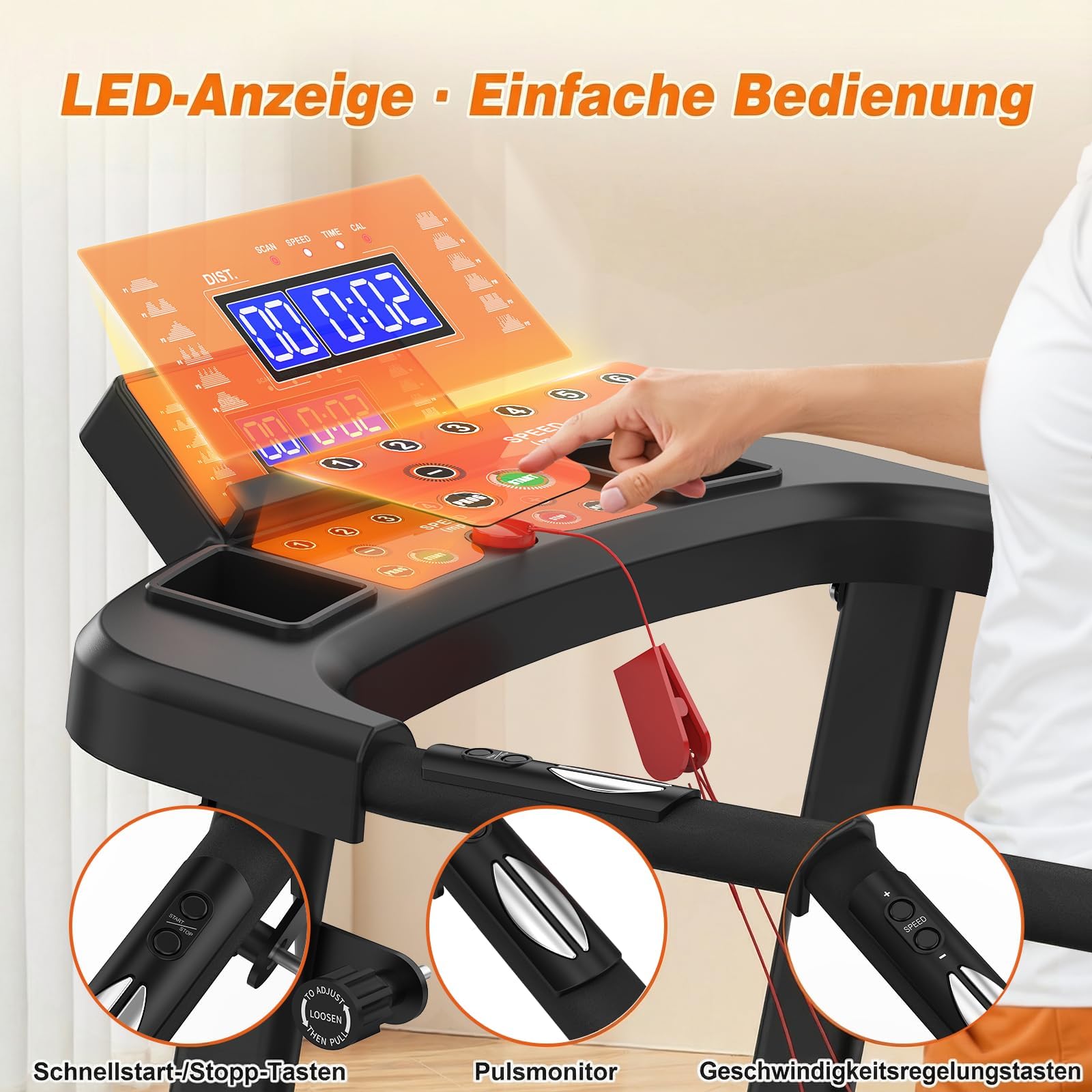 Laufband für Senioren Klappbar mit Handlauf - Elektrisches Fitnessgerät leise & gelenkschonend, Walking Pad für Zuhause bis 135 kg kompakt faltbar, Ideal für ältere Menschen & Rehabilitation