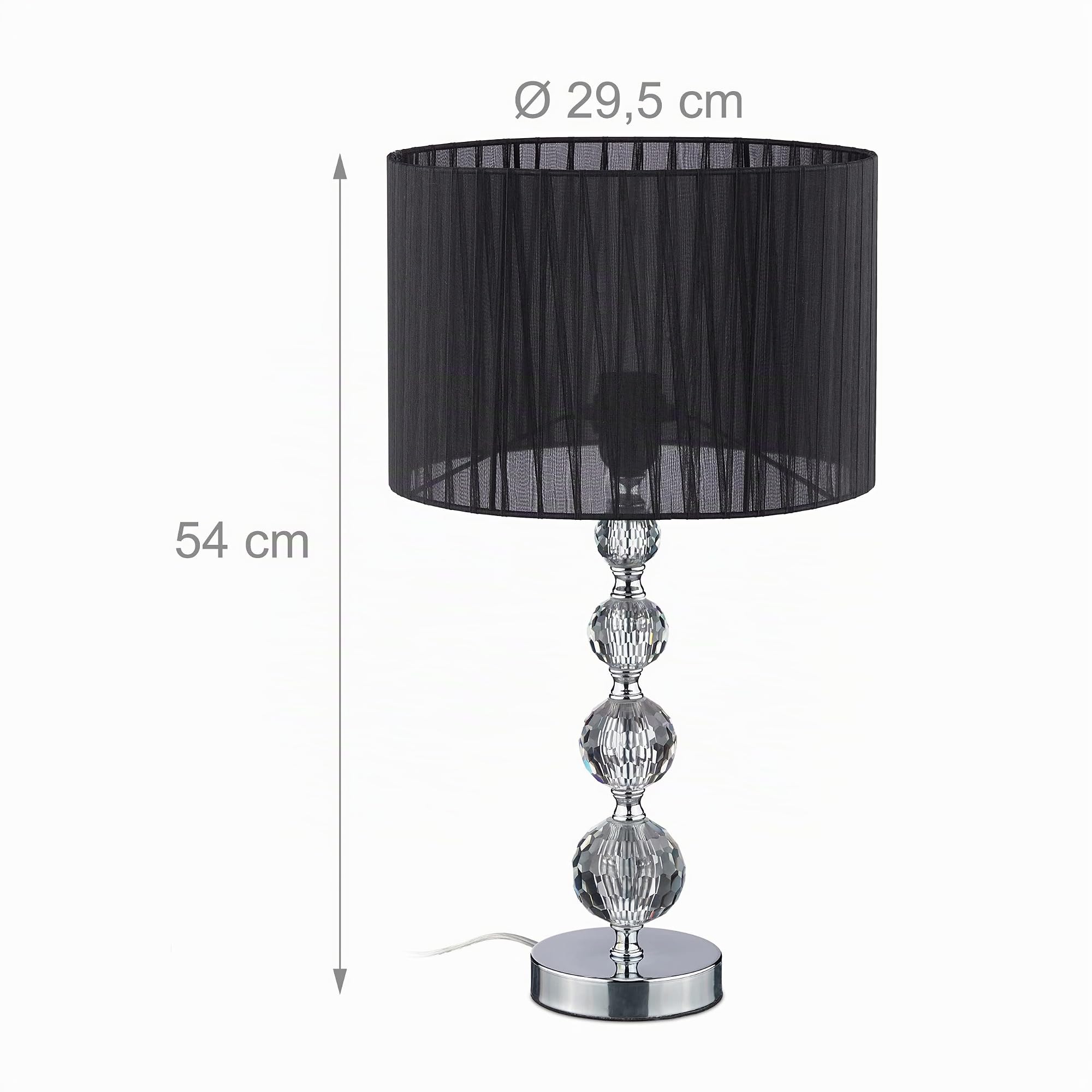 Relaxdays Lámpara Mesa Cristal, Luz Sobremesa Salón, 54 x 29,5 cm, Portalámparas E27, con Pantalla Tela, Metal, Negra