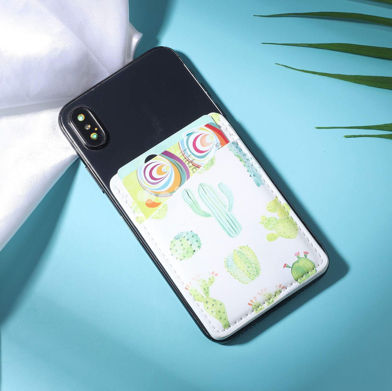 Fulgamo 2Pack PU Leather Phone Pocket,Cell Phone Stick On Card Wallet,Credit Cards/ID Card Holder(Double Secure) with Sticker for Back of iPhone,Android and All Smartphones (2 Green Cactus)