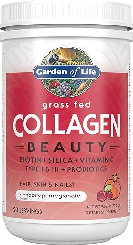 Garden of Life - Grass Fed Collagen Beauty - Polvo de colágeno para mujeres y hombres, sabor granada y arándano, 20 porciones, para las uñas, piel,
